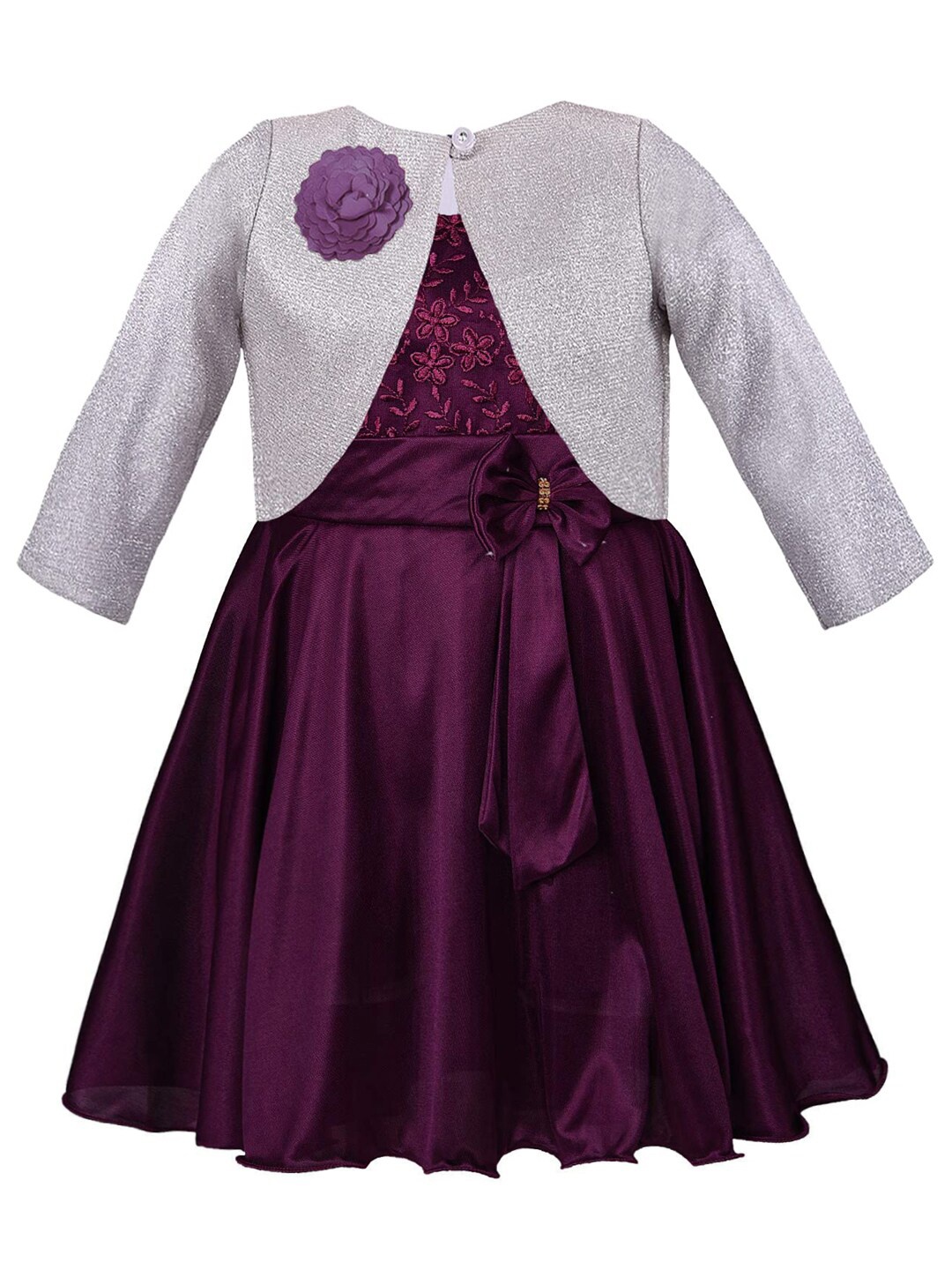 

Wish Karo Girls Purple & Silver-Toned Floral Embroidered Fit & Flare Dress With Jacket