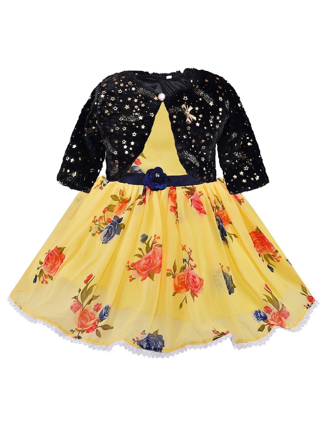 

Wish Karo Girls Yellow & Black Floral Printed Georgette Dress With Jacket