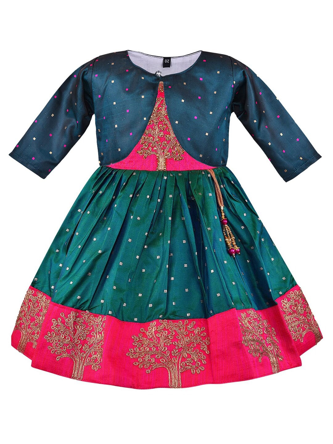 

Wish Karo Girls Green & Pink Ethnic Motifs Printed Satin Ethnic Dress With Jacket