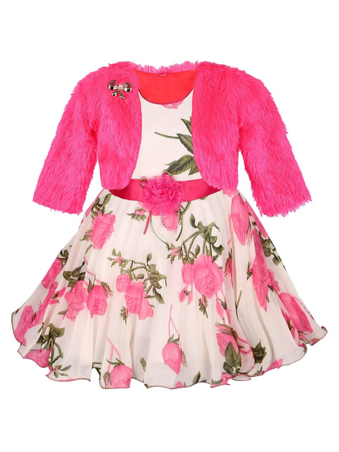 

Wish Karo Girls Pink & White Floral Printed Georgette Dress With Jacket