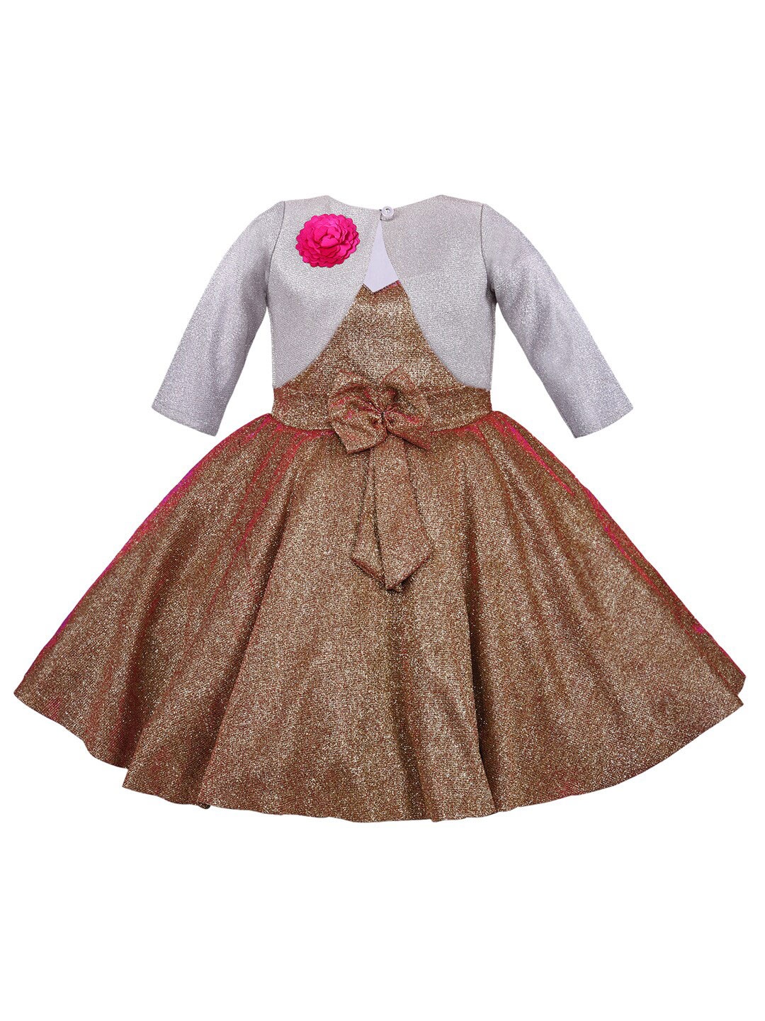 

Wish Karo Girls Brown & Grey Self Design Satin Dress With Jacket