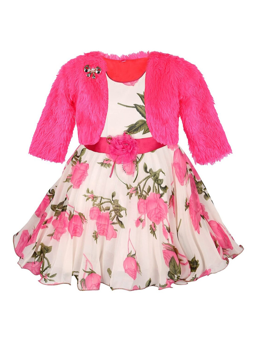 

Wish Karo Girls Pink & White Floral Georgette Dress With Jacket