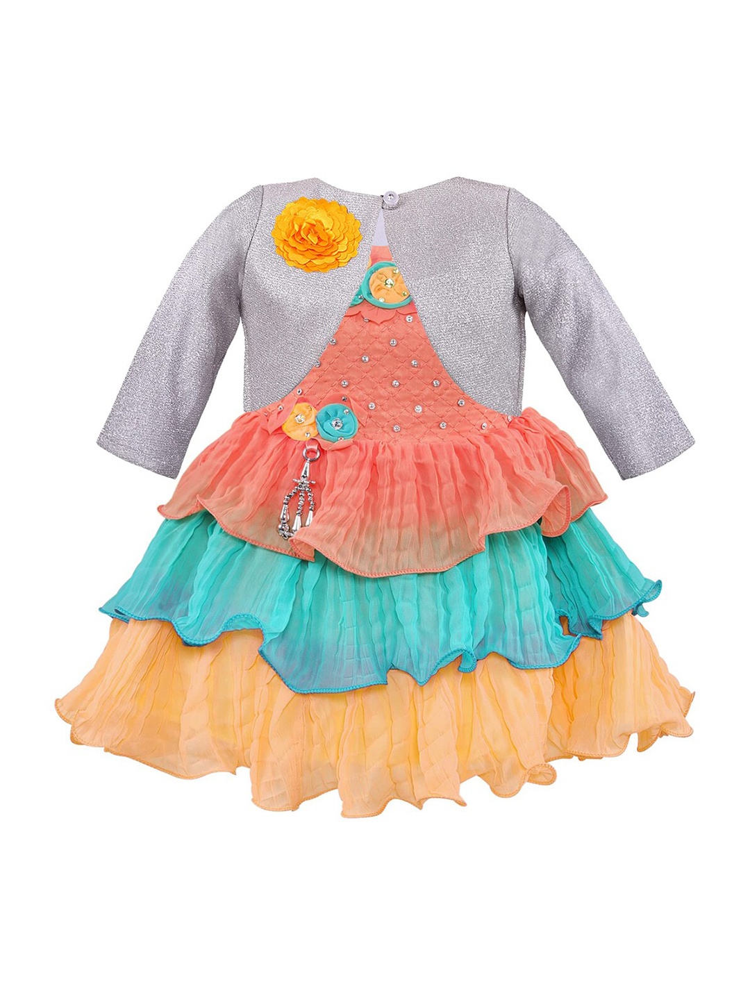 

Wish Karo Women Yellow & Coral Colourblocked Georgette Dress With Jacket