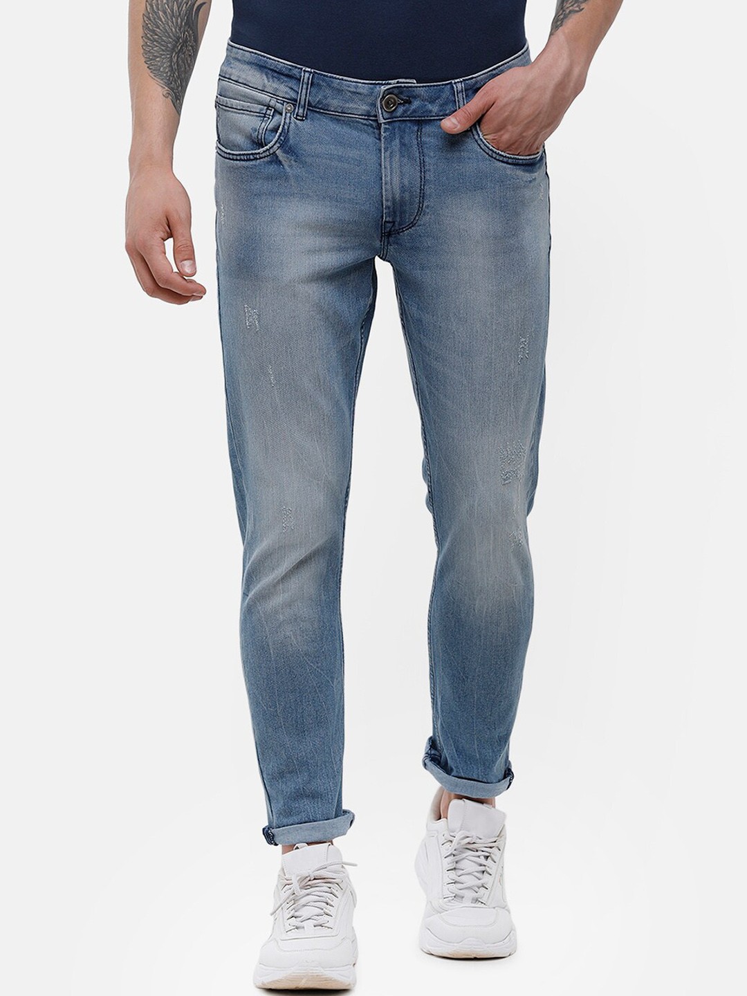 

Voi Jeans Men Blue Skinny Fit Low Distress Heavy Fade Jeans