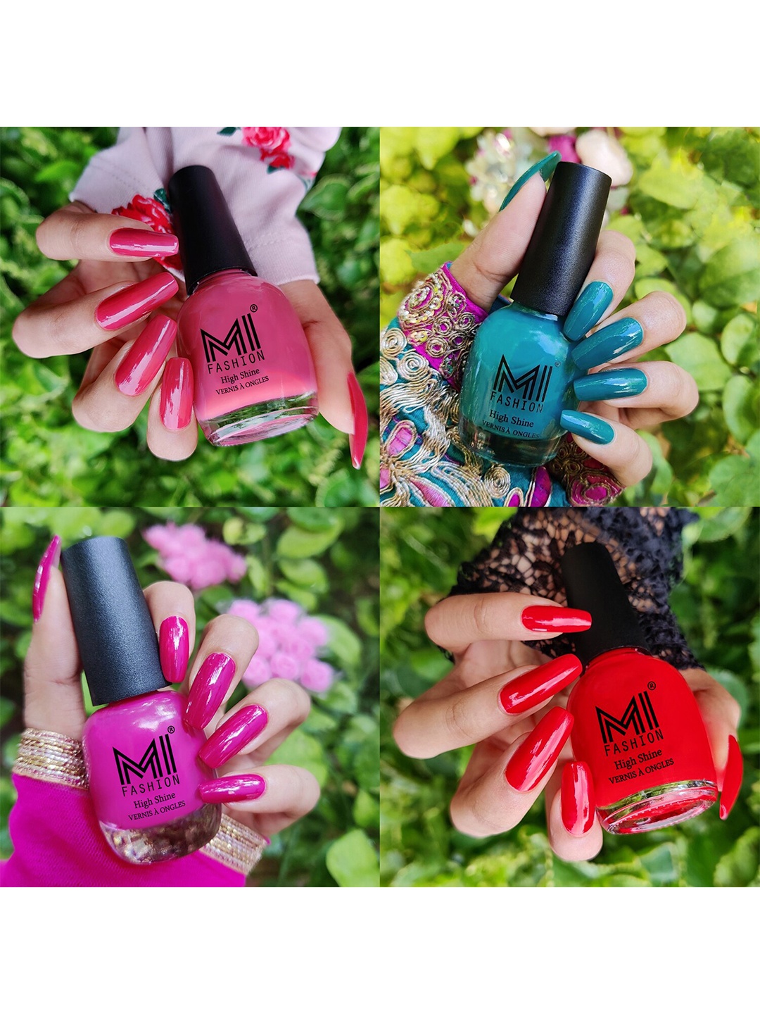 

MI FASHION Set Of 4 High Shine Long Lasting Nail Polish 60 ml-TAN-Sea Green-Bright Plum-Red