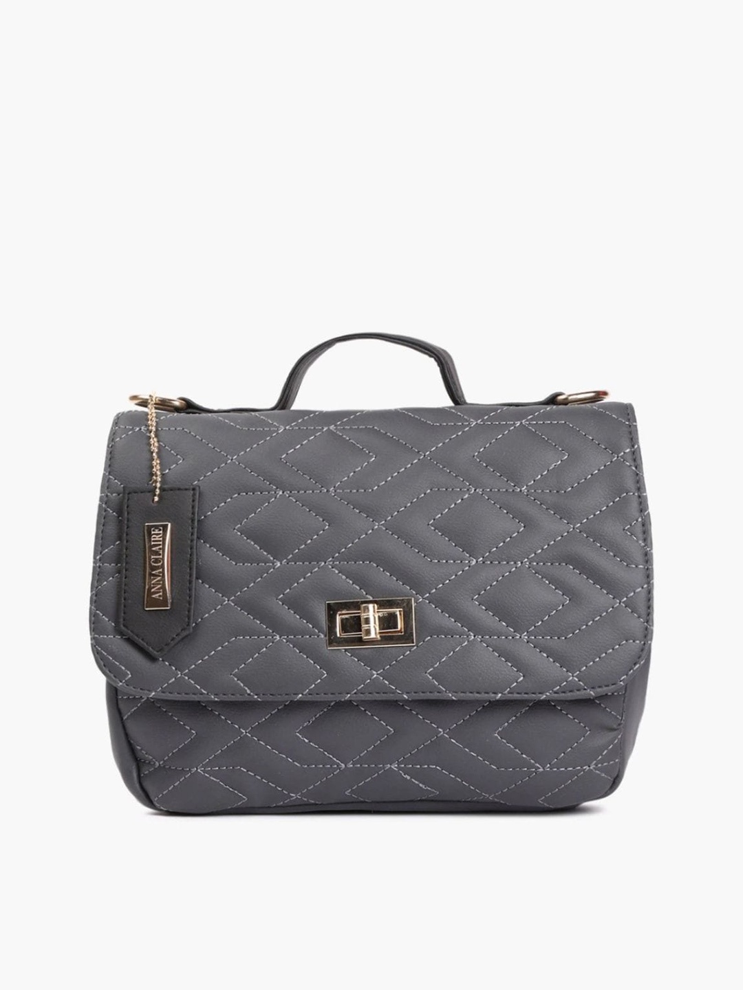 

Anna Claire Women Grey Textured PU Swagger Quilted Satchel