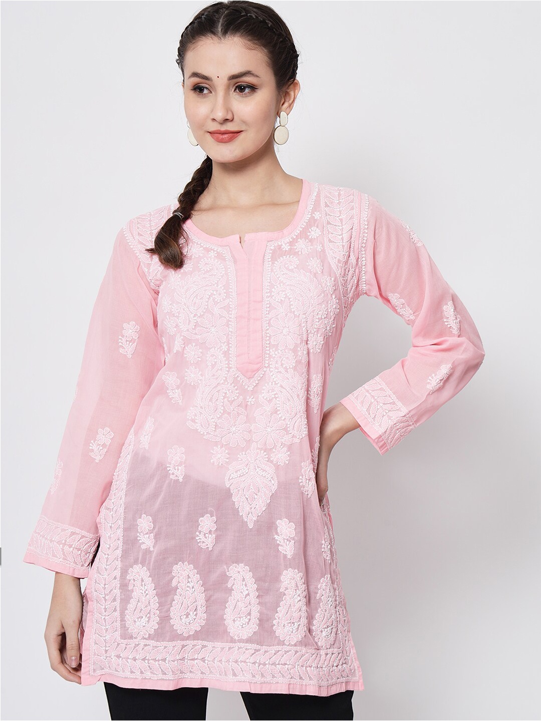 

PARAMOUNT CHIKAN Pink Ethnic Motifs Embroidered Chikankari Pure Cotton Kurti