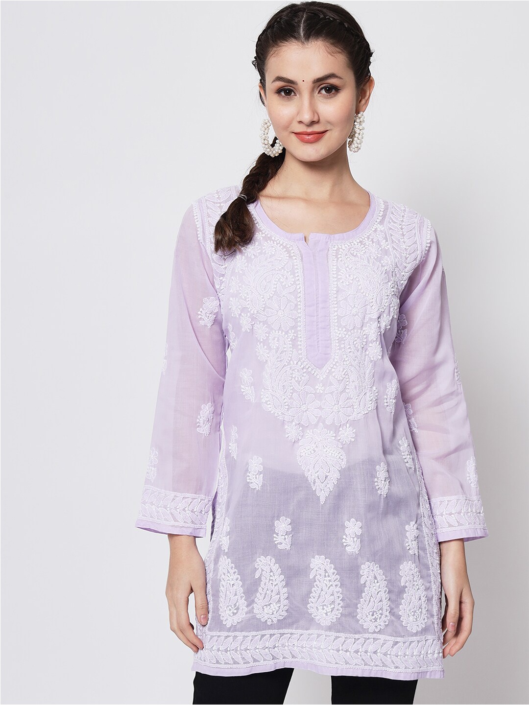 

PARAMOUNT CHIKAN Lavender Ethnic Motifs Embroidered Chikankari Pure Cotton Kurti