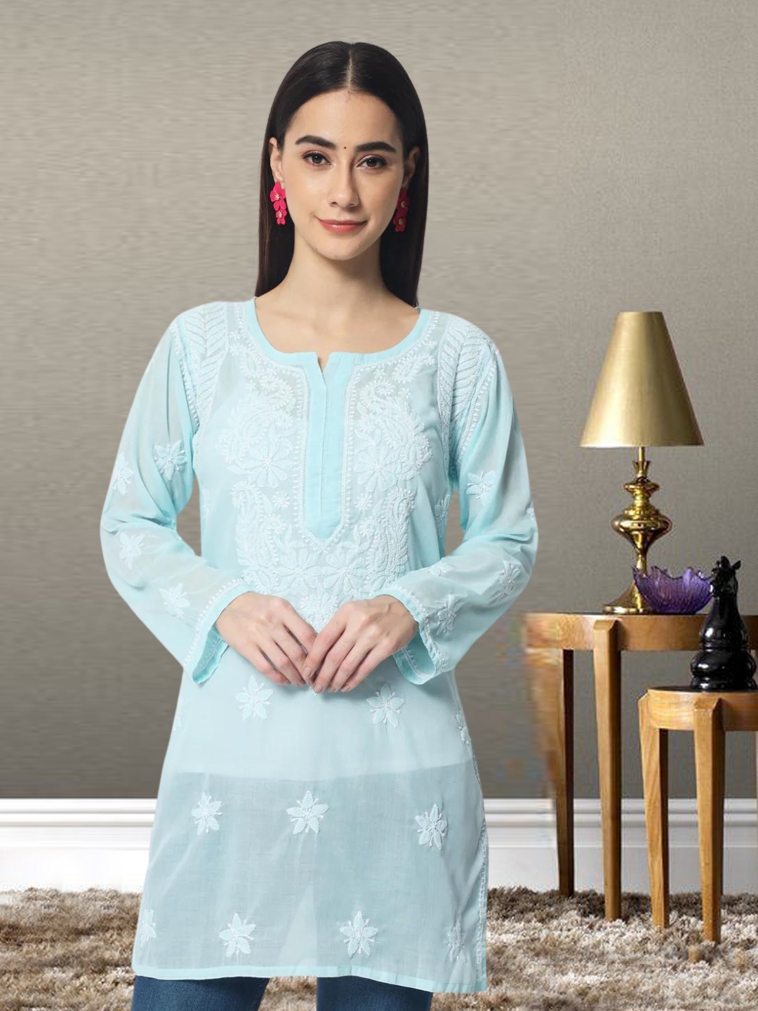 

PARAMOUNT CHIKAN Women Embroidered Lucknowi Chikankari Cotton Kurti, Blue