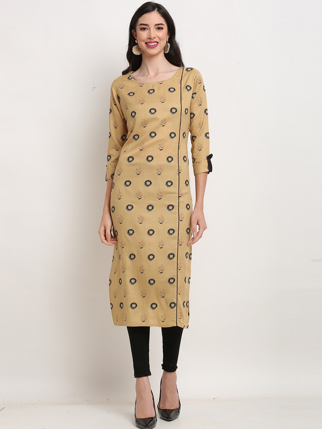

Rajnandini Floral Printed Round Neck A-Line Kurta, Beige