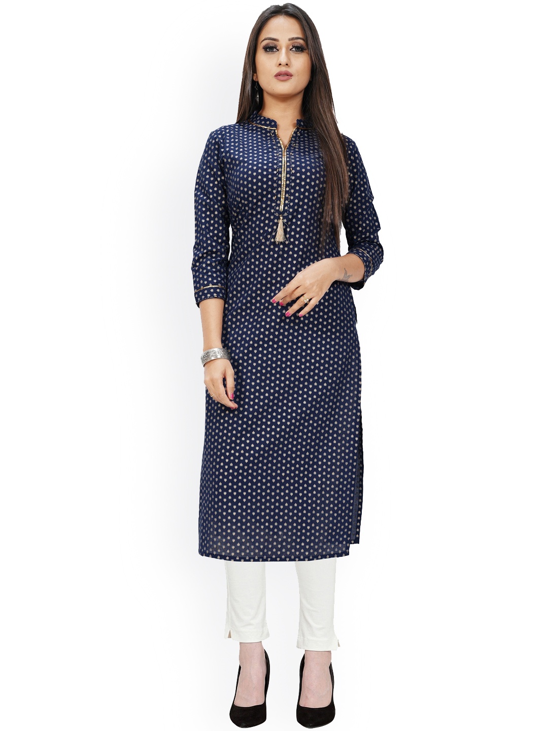 

Rajnandini Ethnic Motifs Printed Pure Cotton Kurta, Navy blue