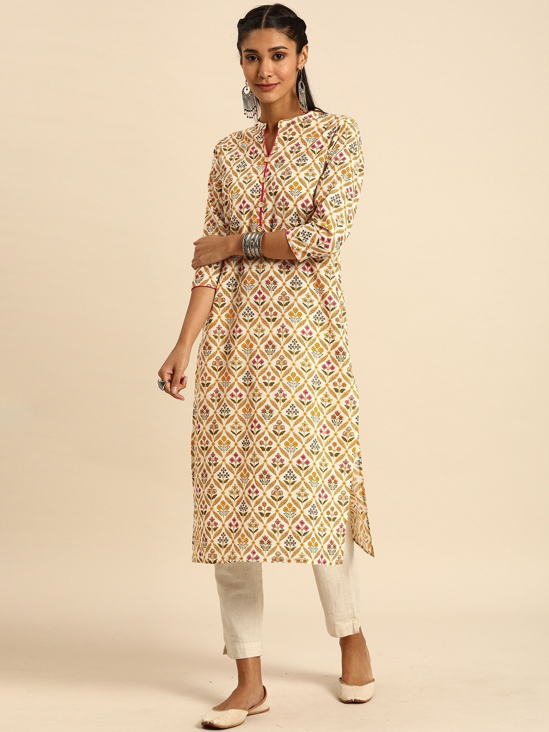 

Rajnandini Women Beige & Pink Ethnic Motifs Printed Cotton Kurta