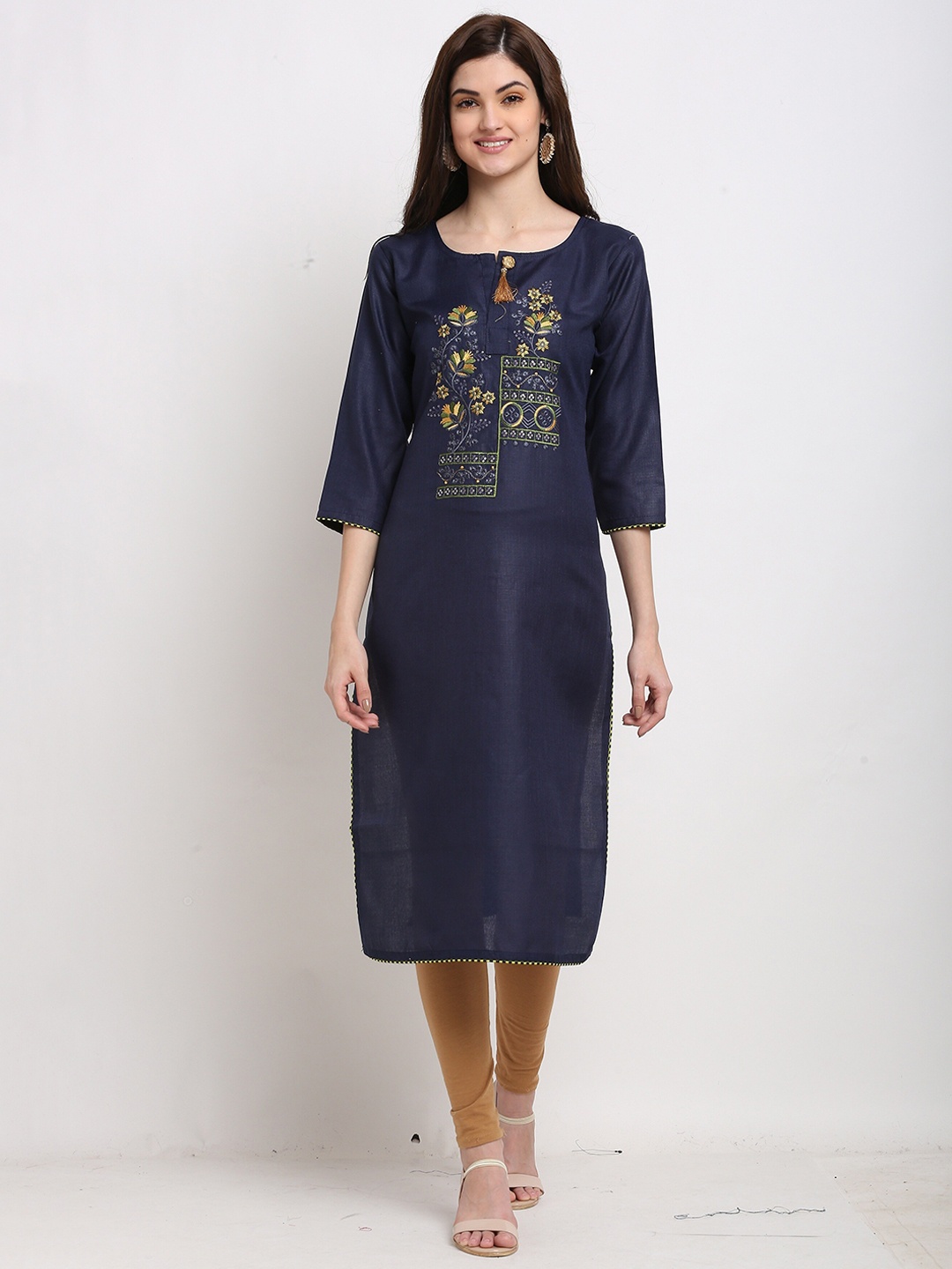 

Rajnandini Floral Embroidered Pure Cotton Kurta, Navy blue