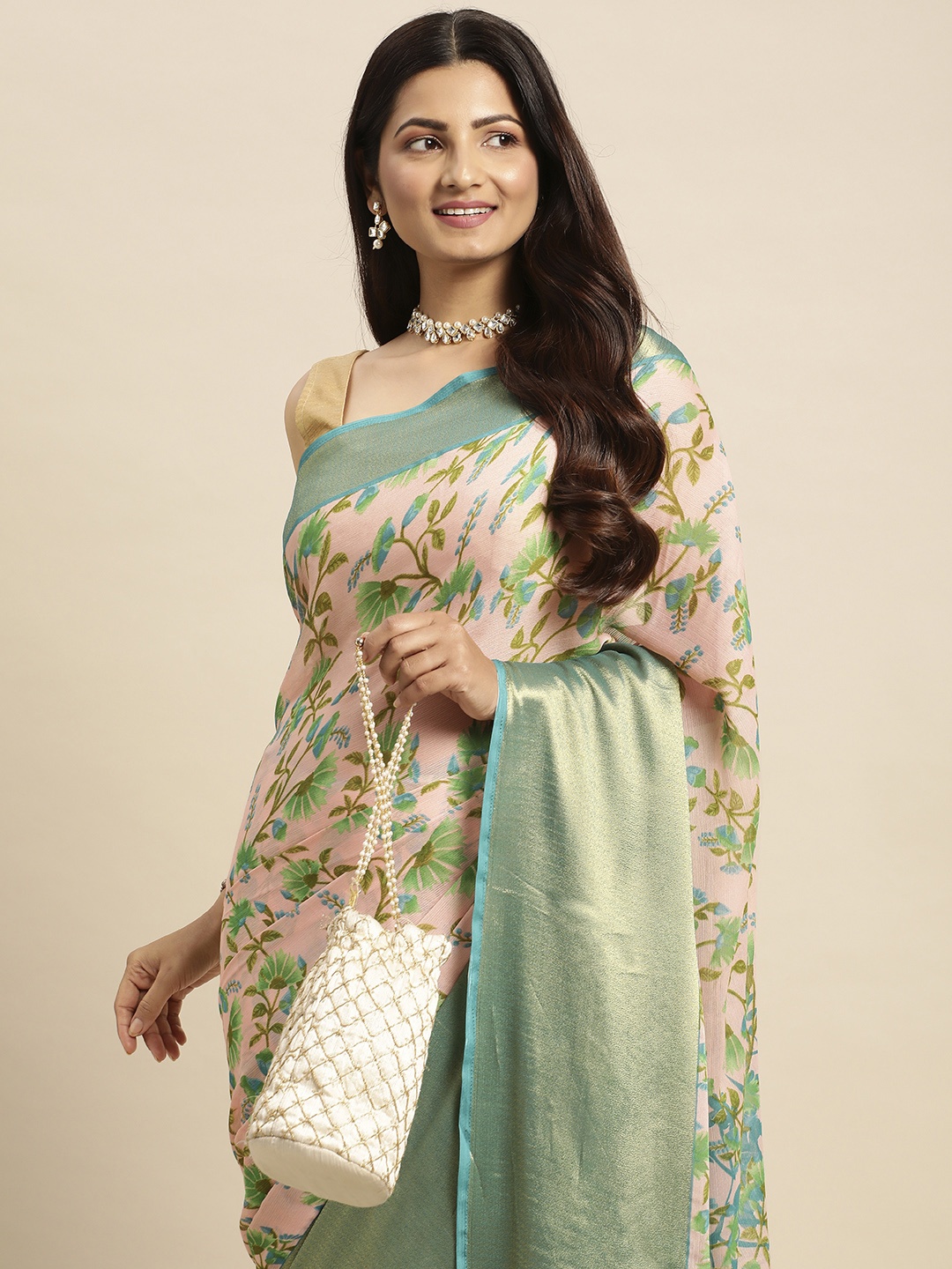 

Anouk Floral Zari Pure Chiffon Saree, Pink