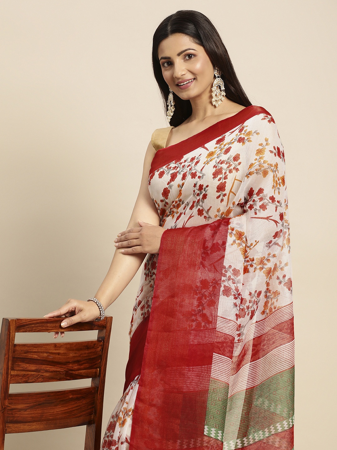 

Anouk Floral Print Chanderi Saree, Red