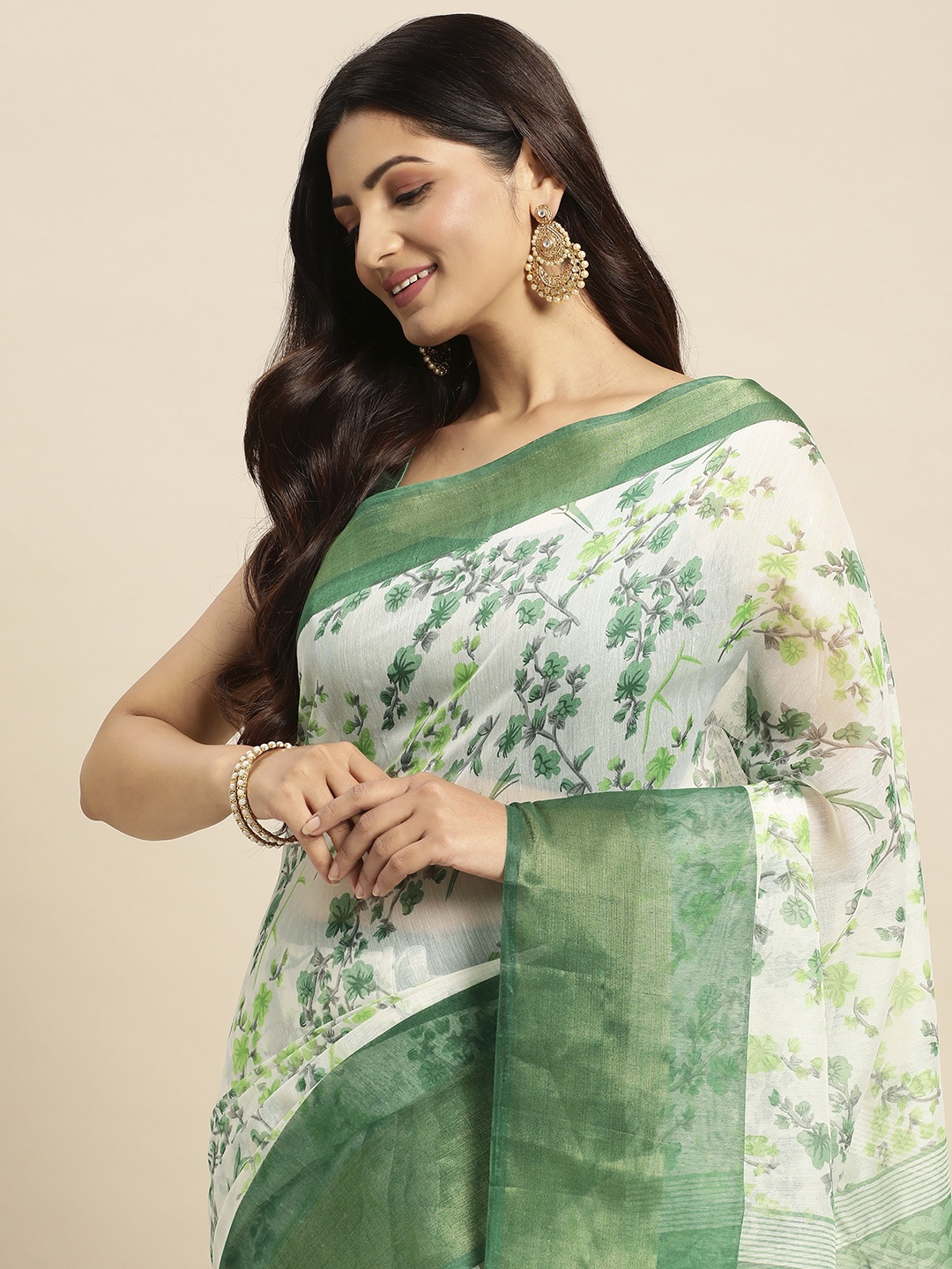 

Anouk Floral Print Chanderi Saree, Green