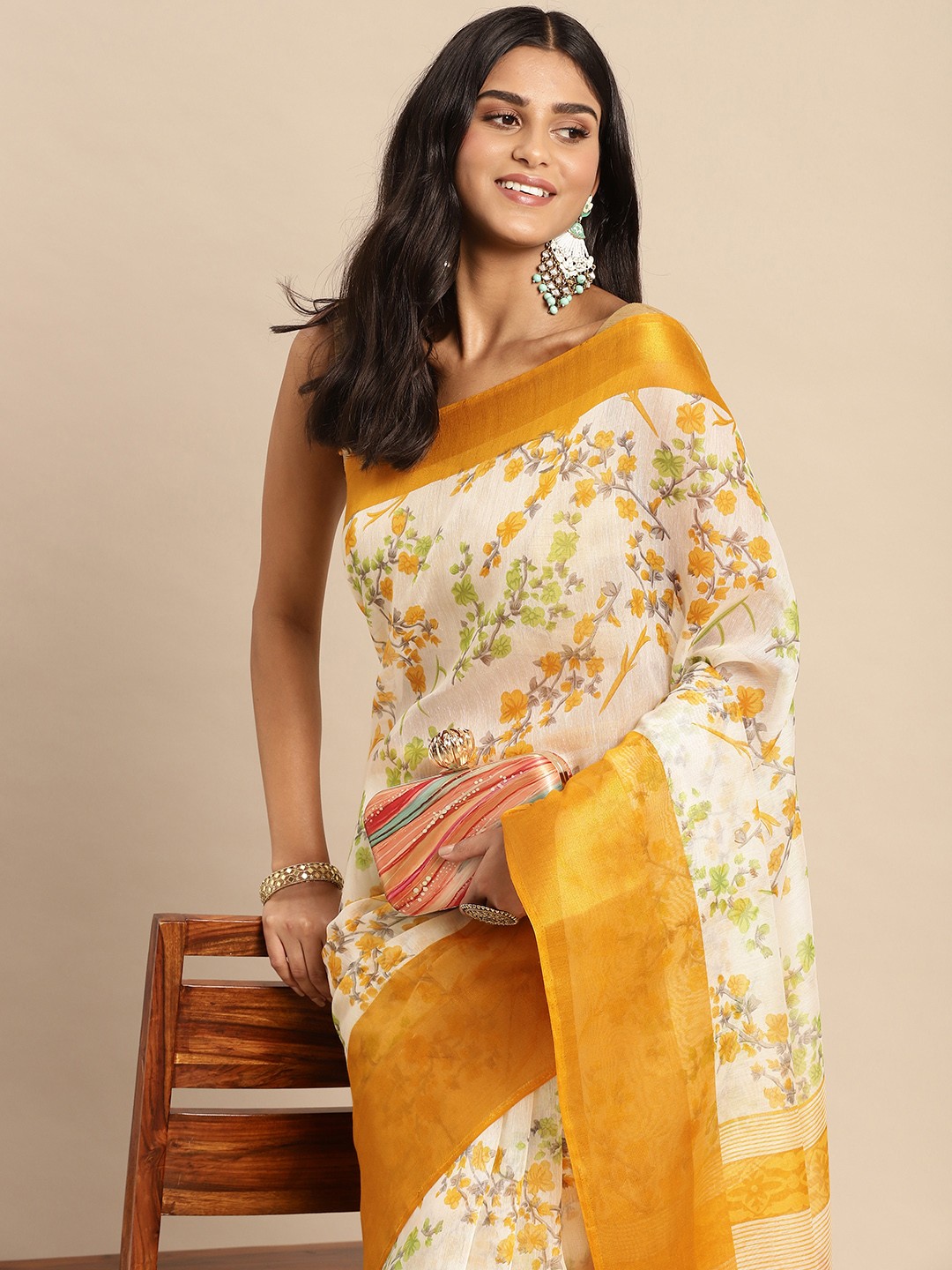 

Anouk Floral Print Saree with Tassels, White