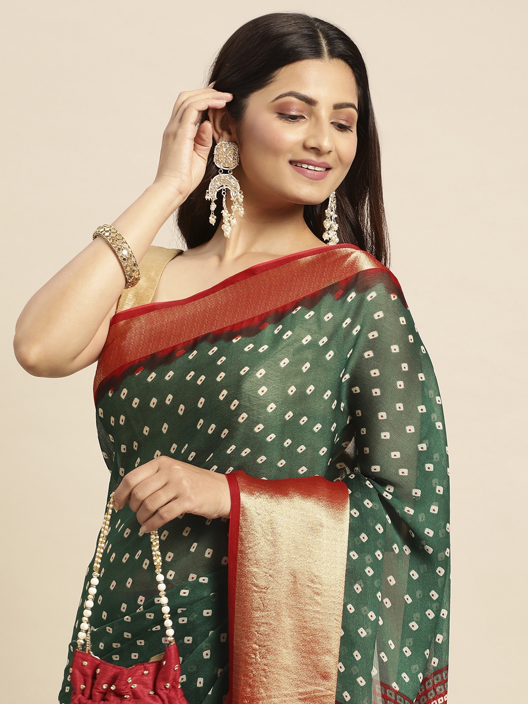 

Anouk Bandhani Zari Pure Chiffon Saree, Green