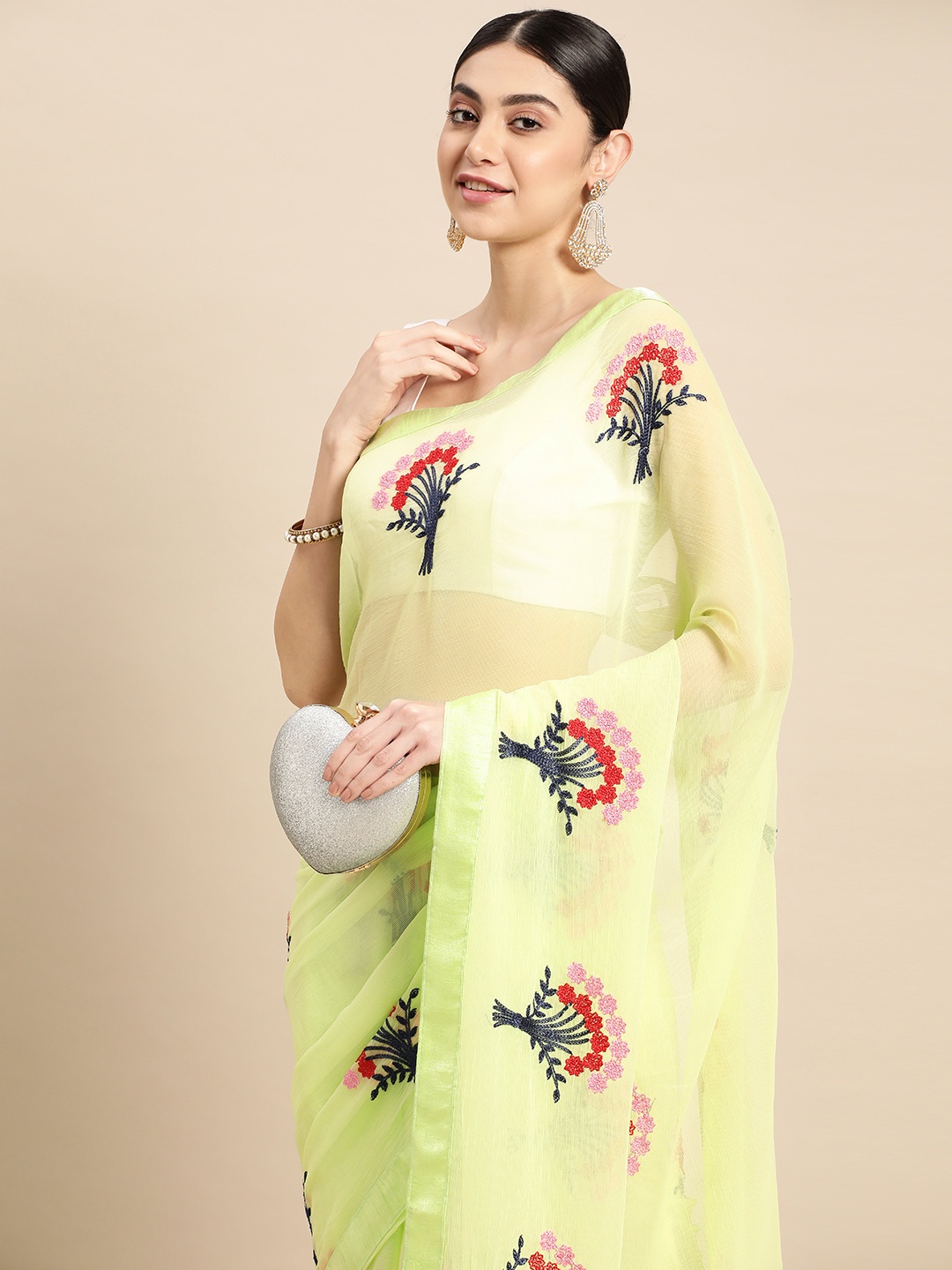 

Anouk Embroidered Pure Chiffon Saree, Lime green