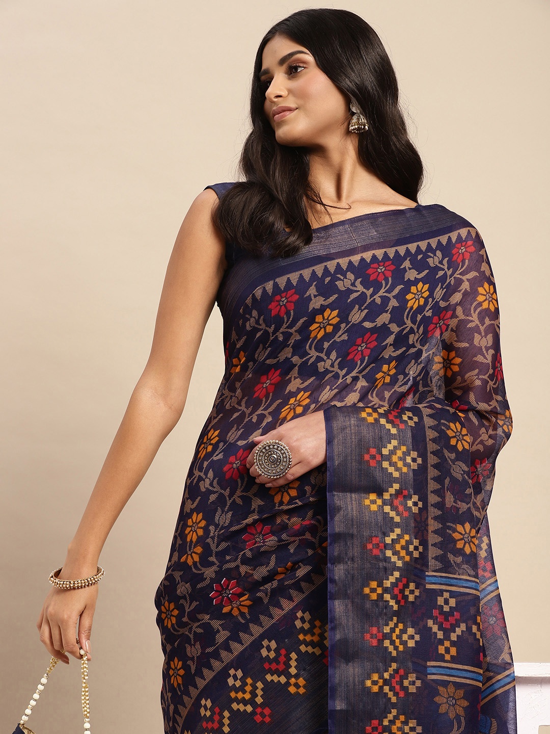 

Anouk Ethnic Motifs Chanderi Saree, Navy blue