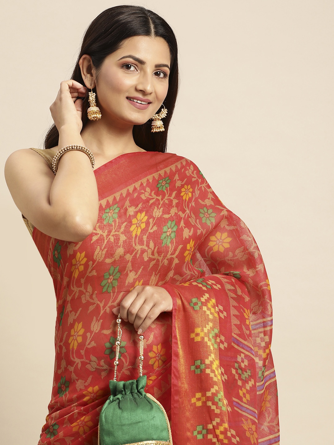 

Anouk Floral Print Chanderi Saree, Red