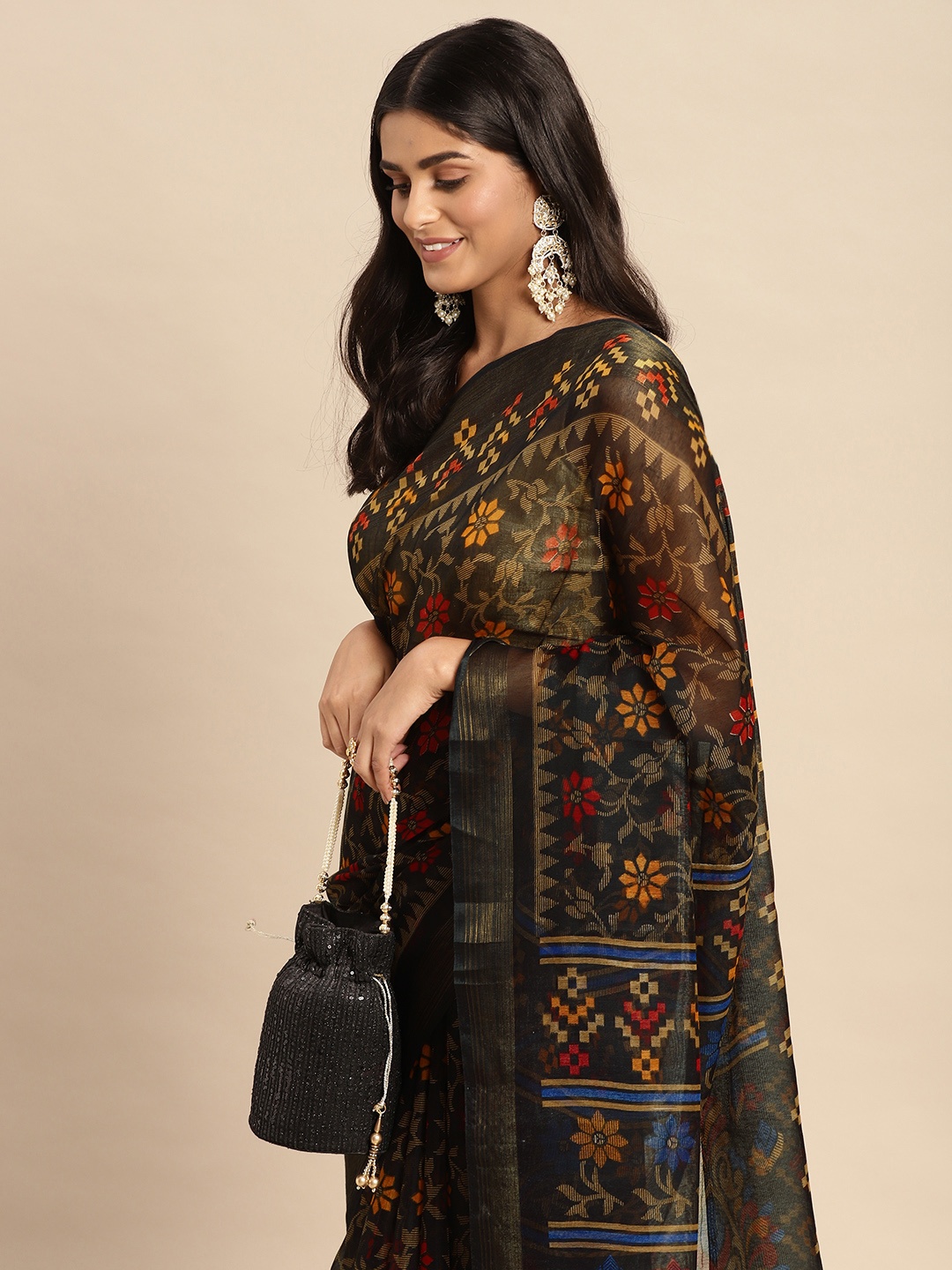 

Anouk Ethnic Motifs Chanderi Saree, Black