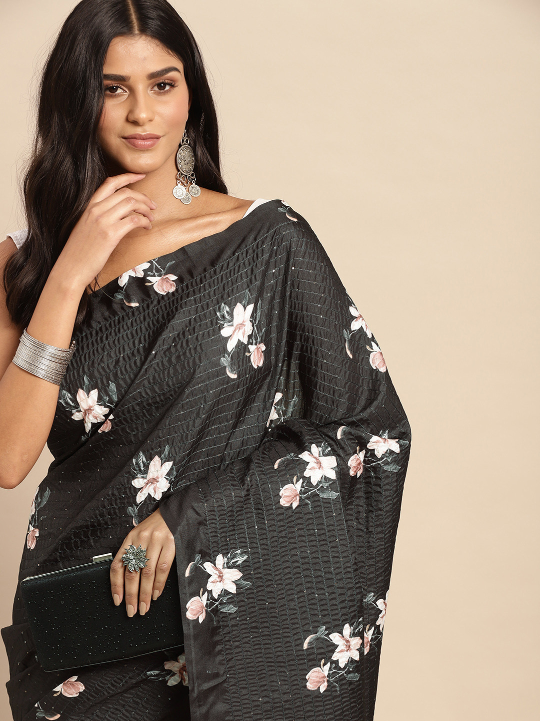 

Anouk Ethnic Motifs Embroidered Silk Blend Saree, Black