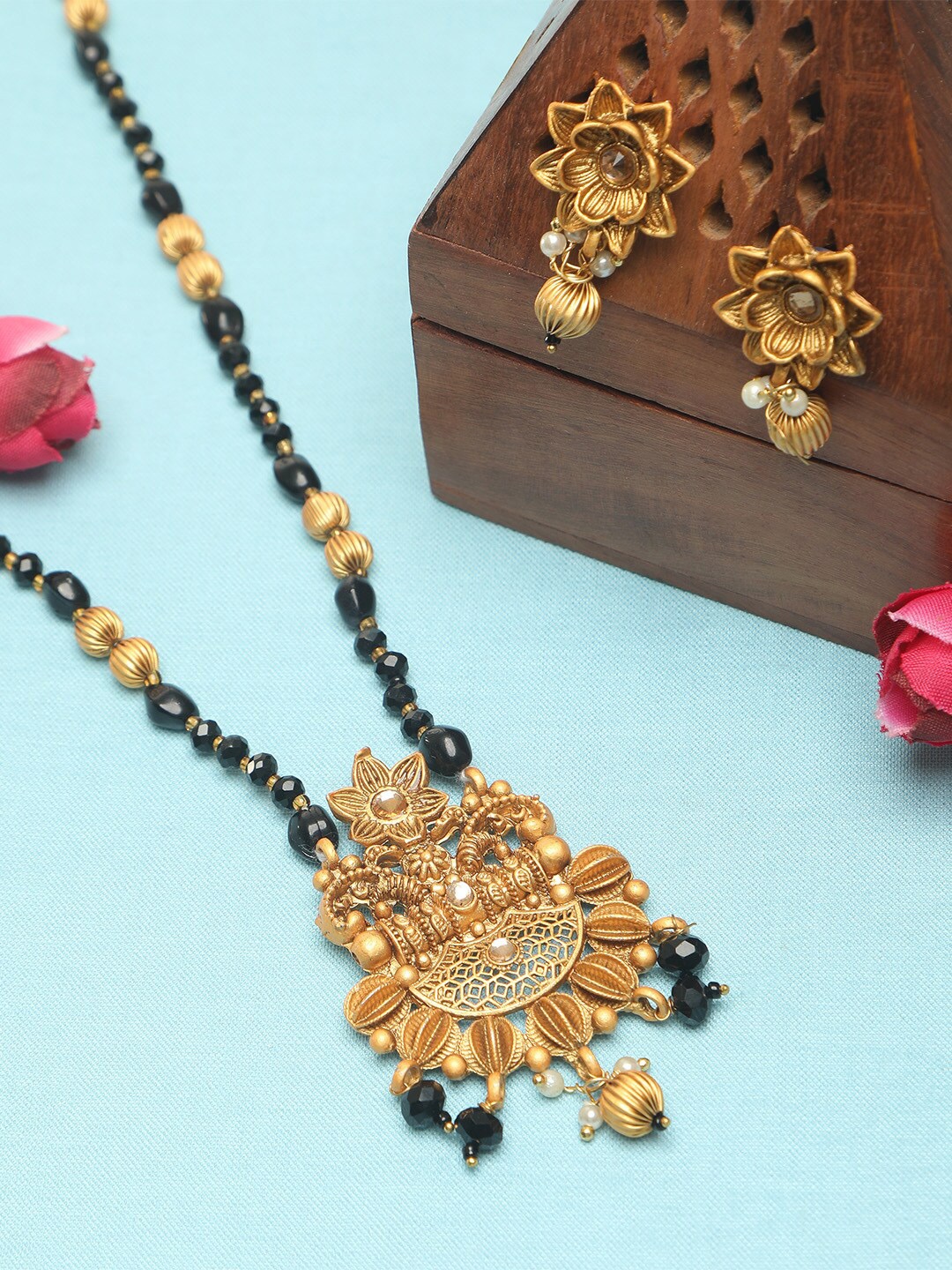 

ZINU Gold-Plated & White CZ-Studded & Beaded Mangalsutra With Earrings