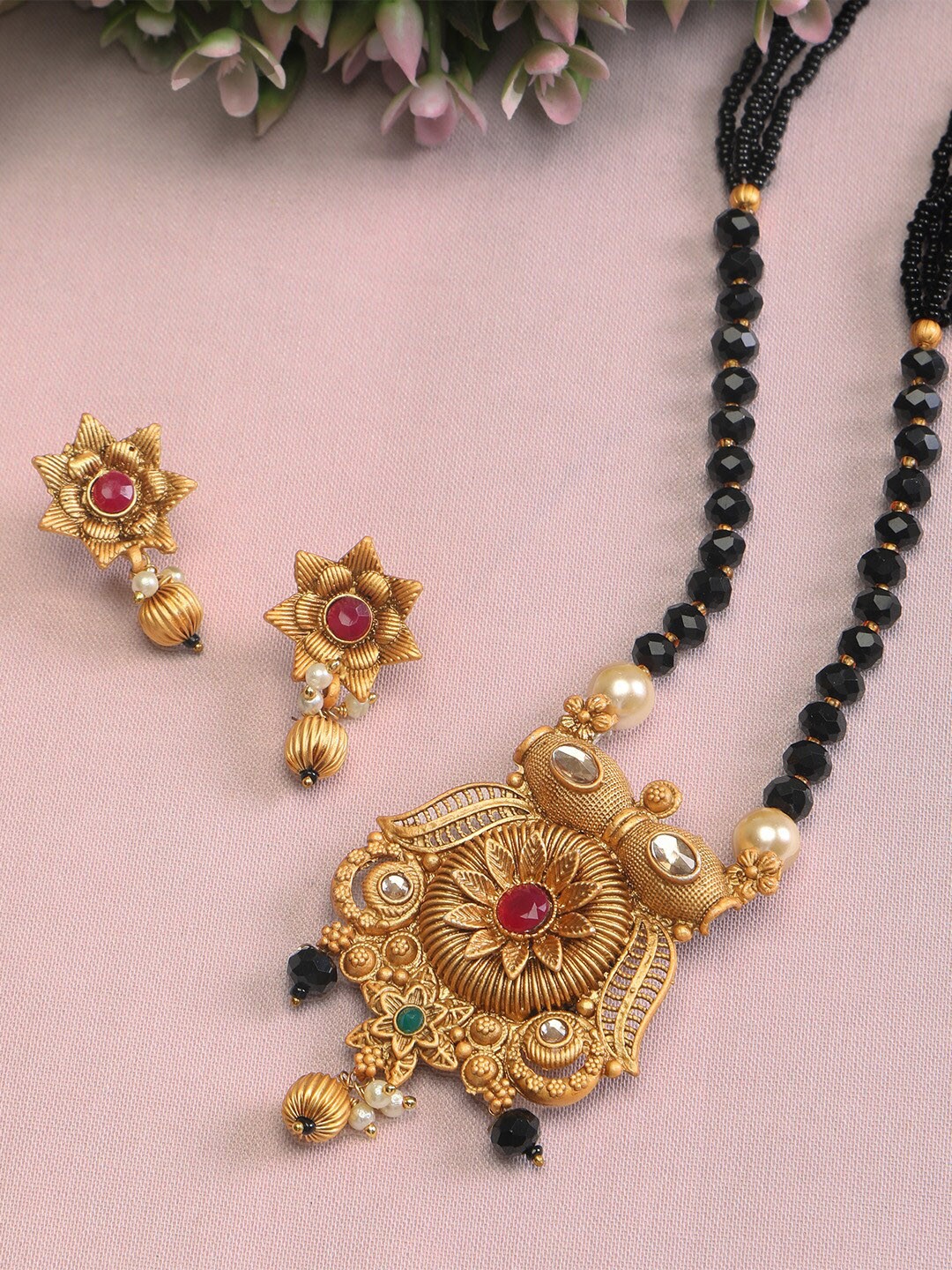 

ZINU Gold-Plated & Black CZ-Studded & Black Beaded Mangalsutra