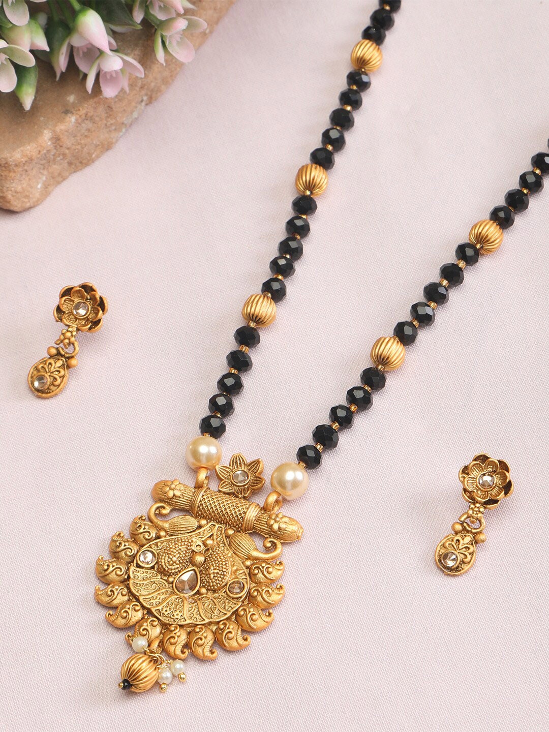 

ZINU Gold-Plated Black Beaded & White CZ Studded Mangalsutra