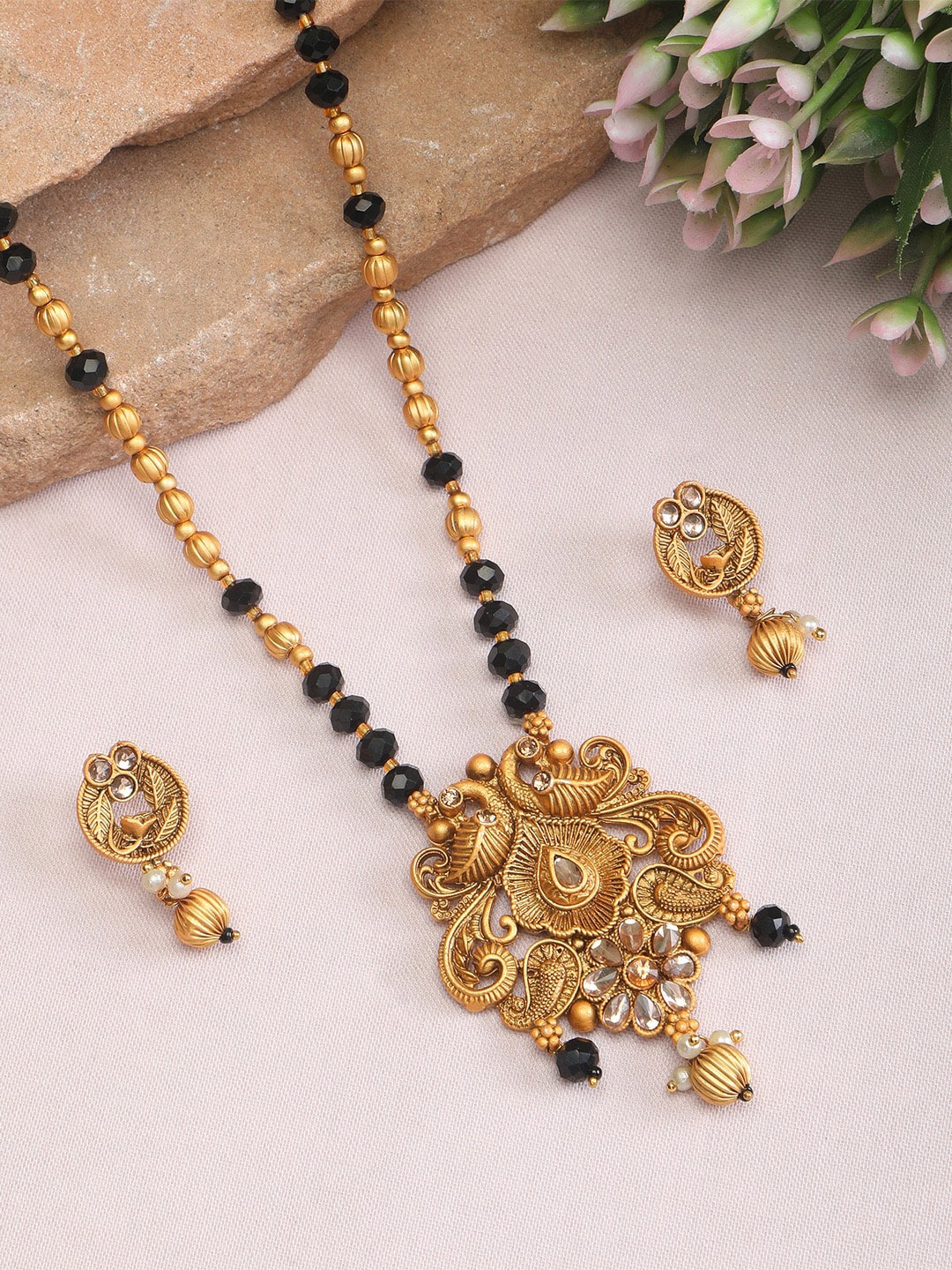 

ZINU Gold Plated Black Beaded & White CZ Studded Mangalsutra