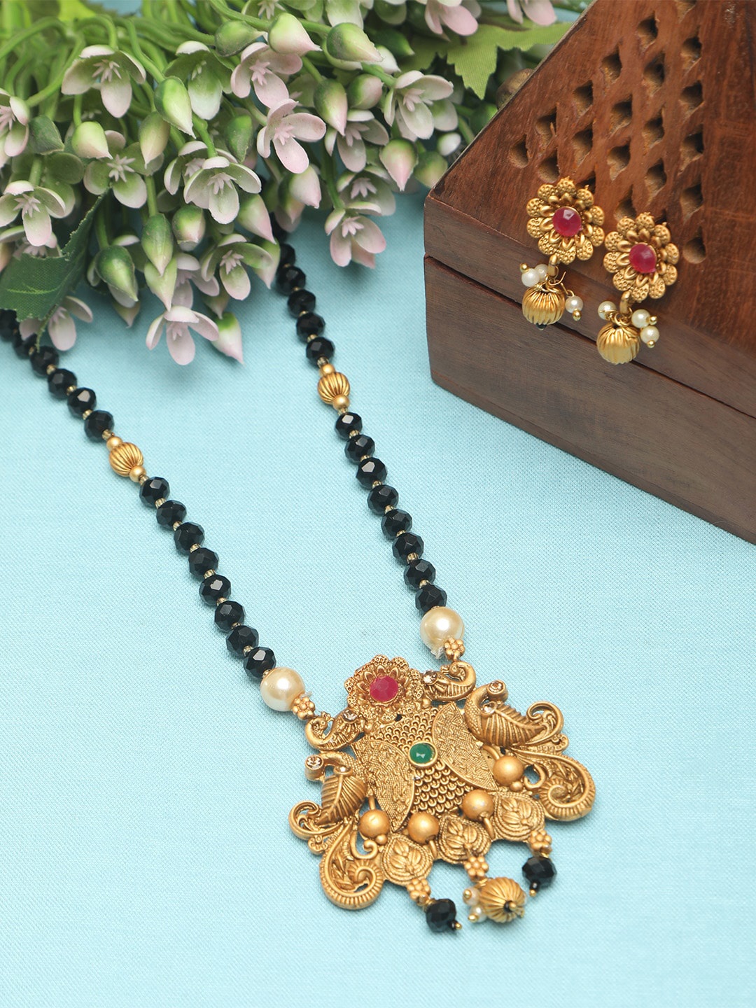 

ZINU Gold Plated Black Beaded Red & White CZ Studded Mangalsutra