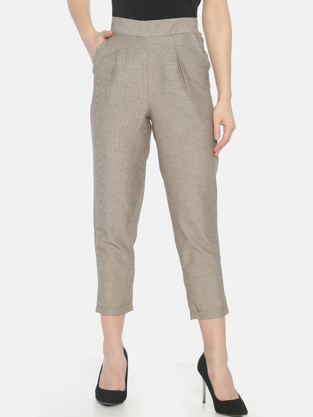 

HERE&NOW Women Beige High-Rise Pleated Trousers