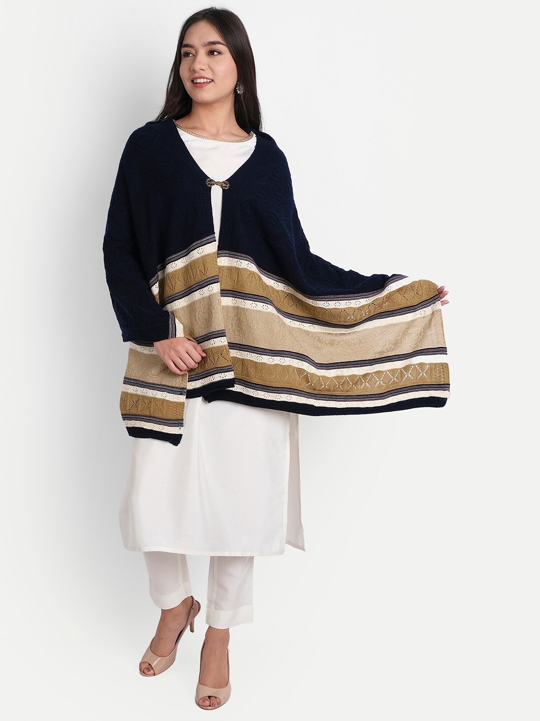 

HK colours of fashion Women Navy Blue & Beige Woven Design Wool Stole