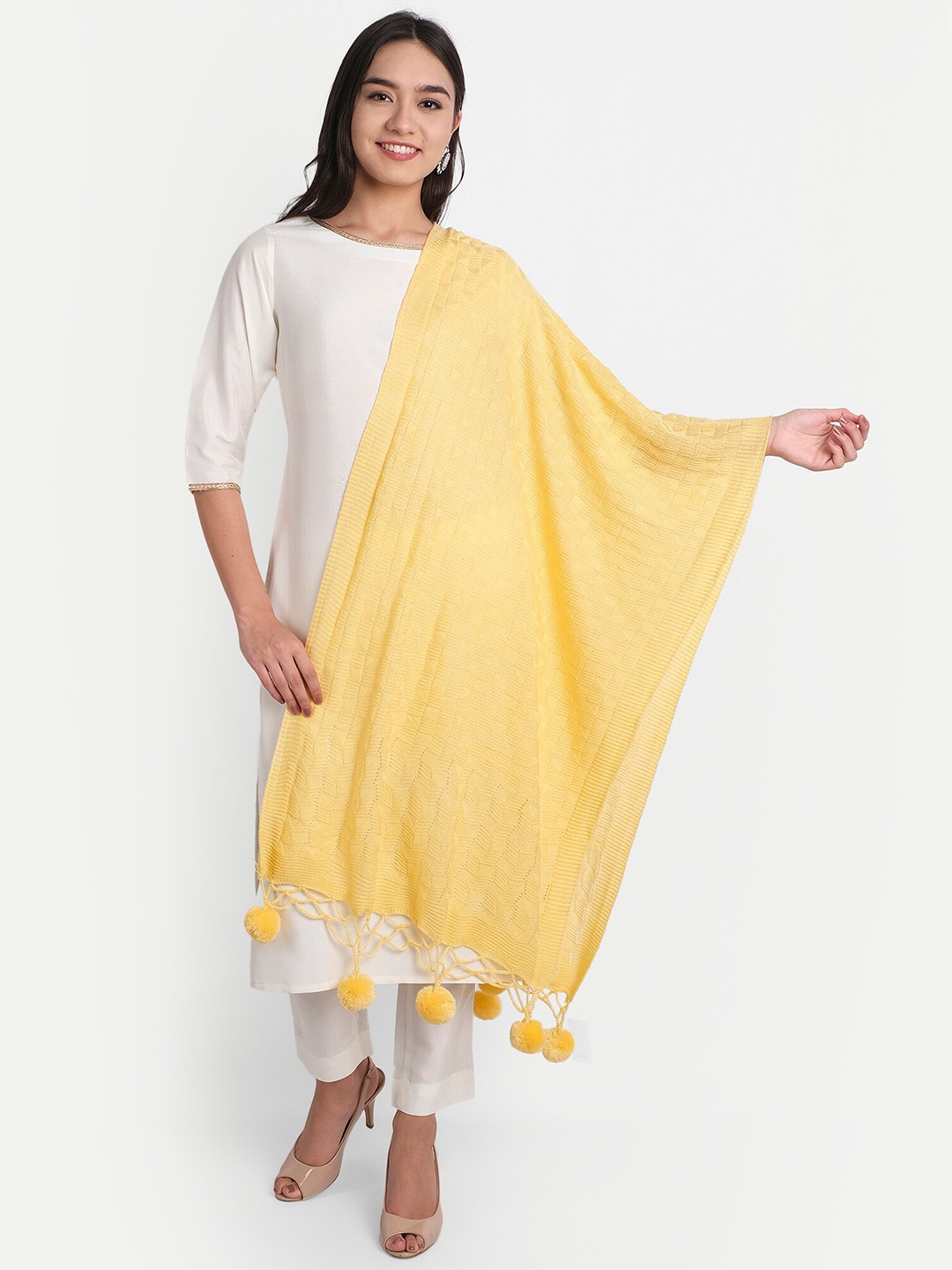 

HK colours of fashion Women Yellow Woven Design Wool Stole