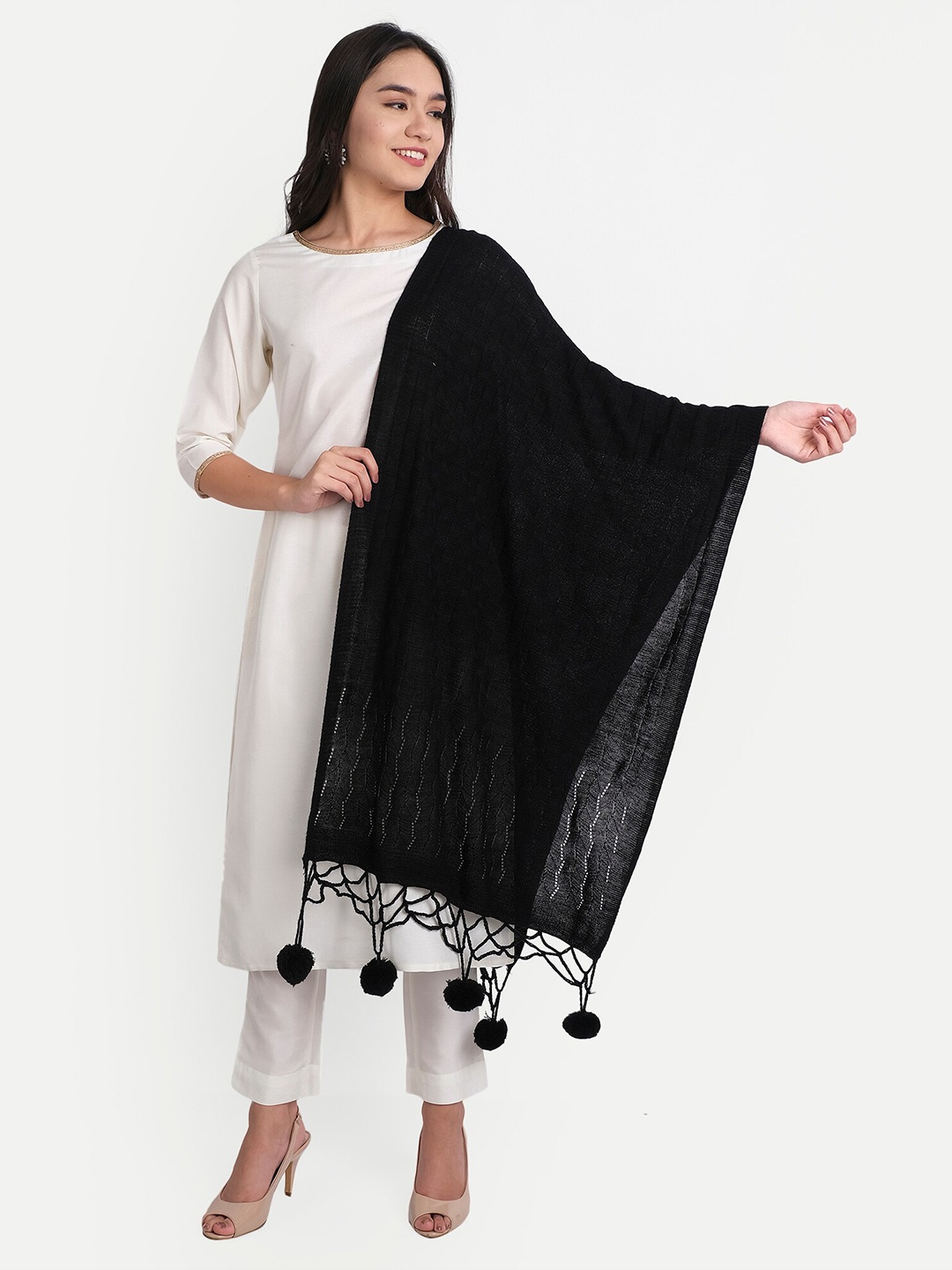 

HK colours of fashion Women Black Woven Design Wool Stole