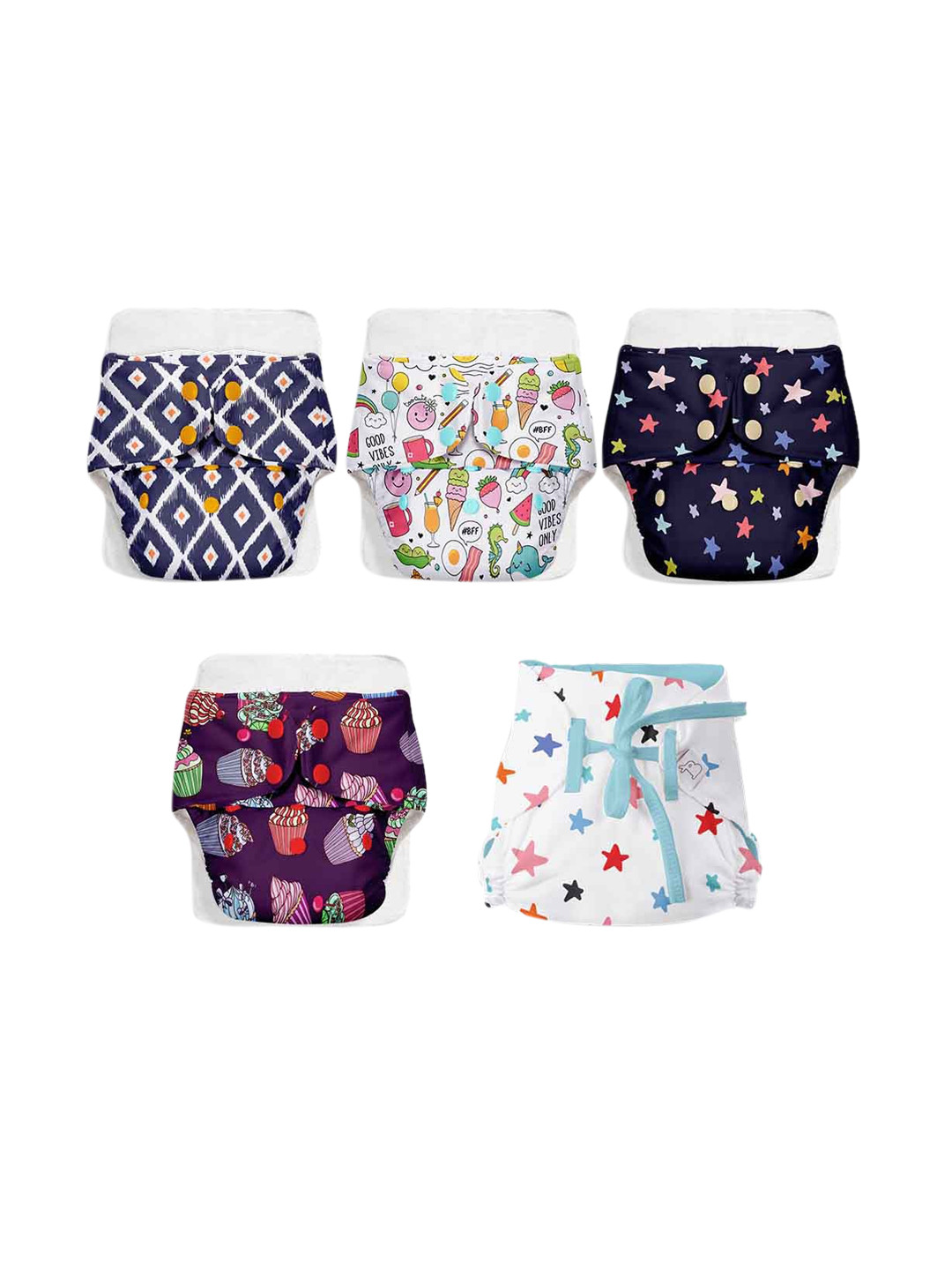 

SuperBottoms Infants Set of 5 BASIC Printed Reusable Cotton Cloth Diaper, Multi