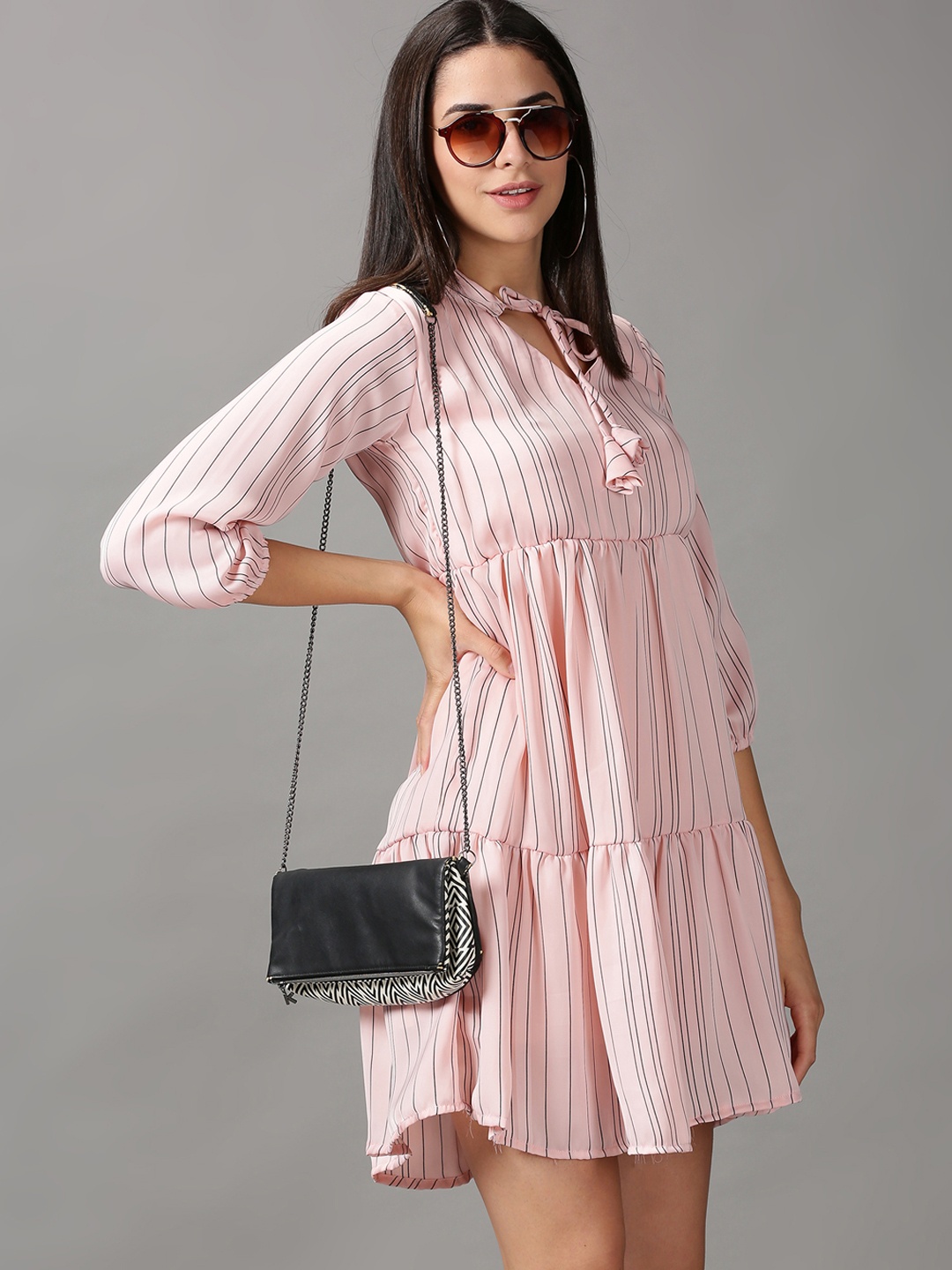 

SHOWOFF Peach-Coloured & Black Striped Tie-Up Neck A-Line Dress