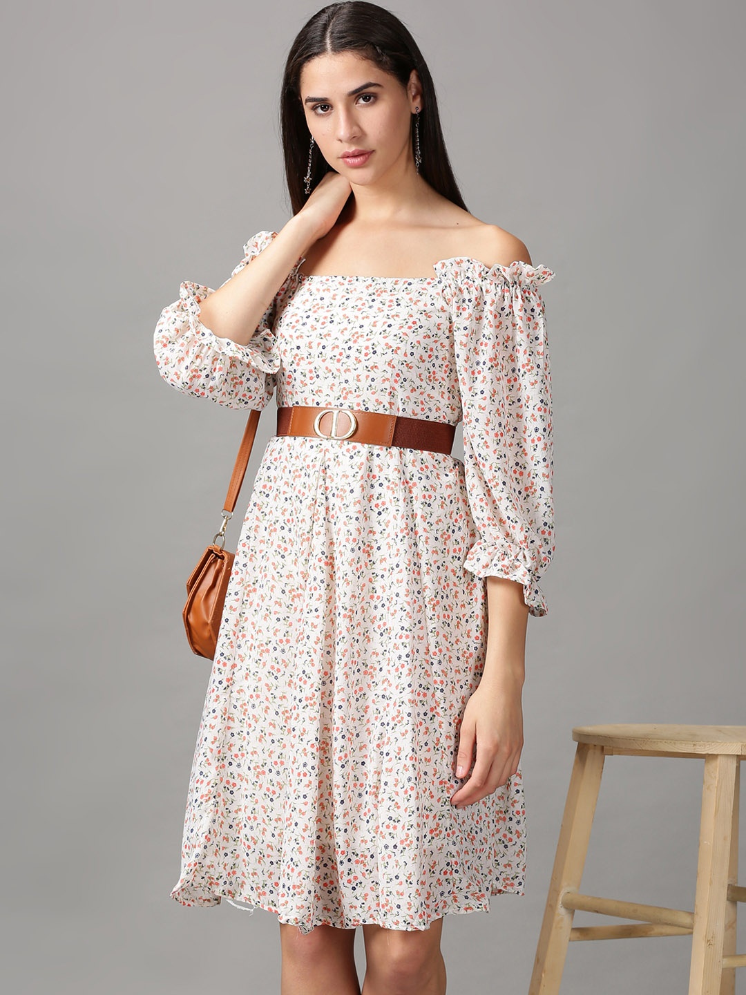 

SHOWOFF White & Orange Floral Off-Shoulder Georgette Dress