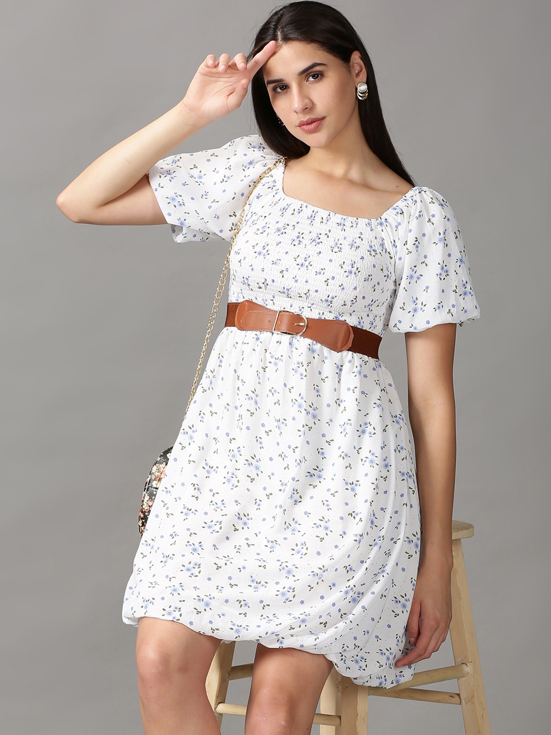 

SHOWOFF White & Blue Floral Chiffon A-Line Dress