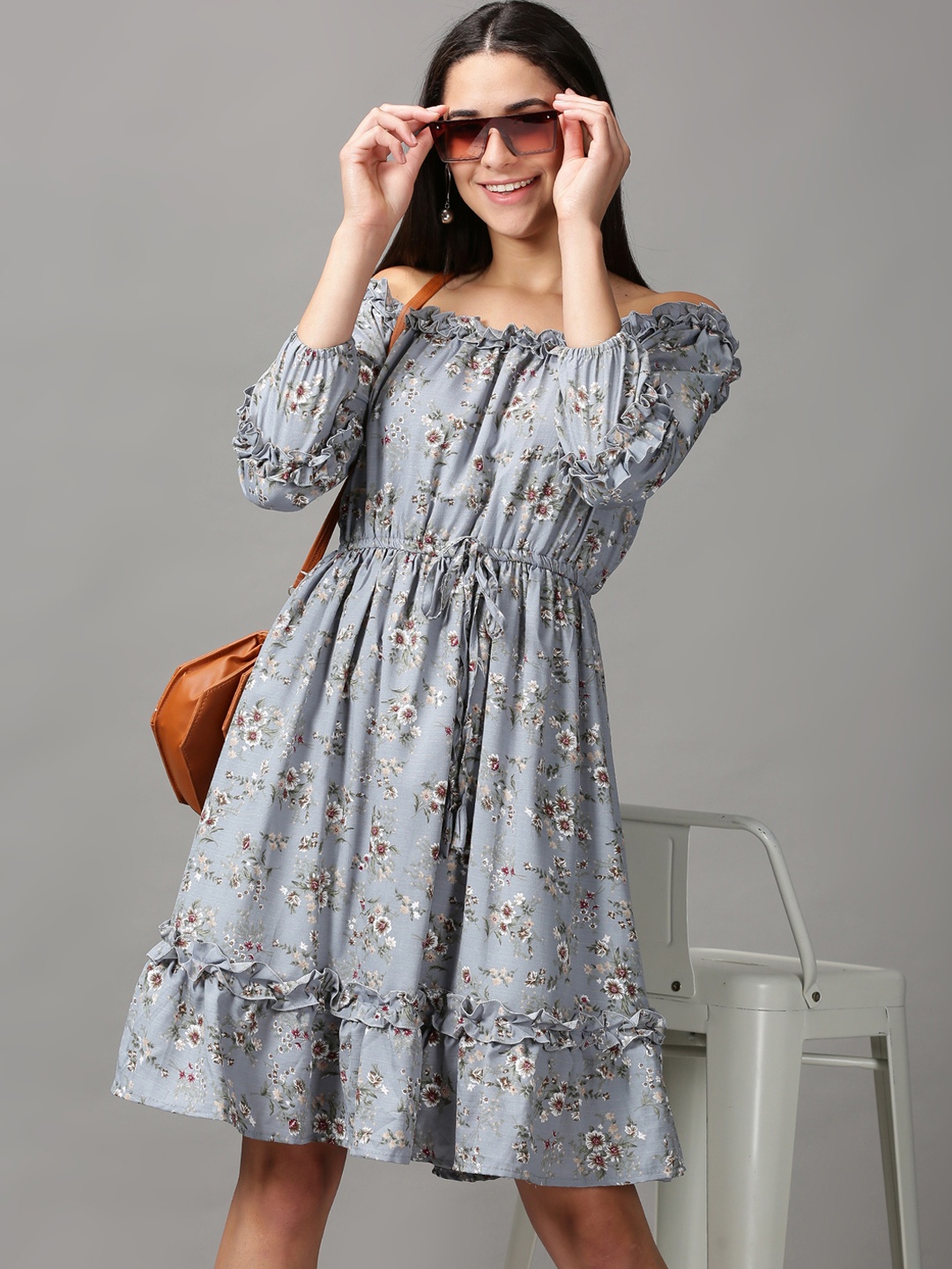 

SHOWOFF Blue Floral Off-Shoulder Chiffon Dress