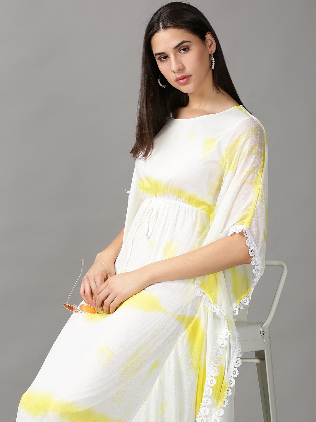 

SHOWOFF White & Yellow Tie and Dye Kaftan Midi Dress