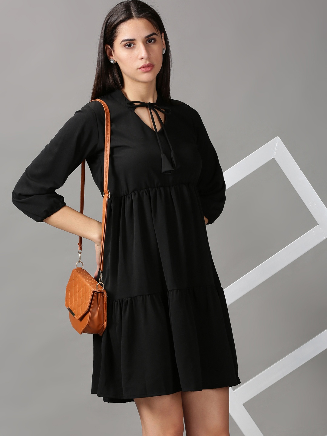 

SHOWOFF Women Black Tie-Up Neck Cotton Layered Dress