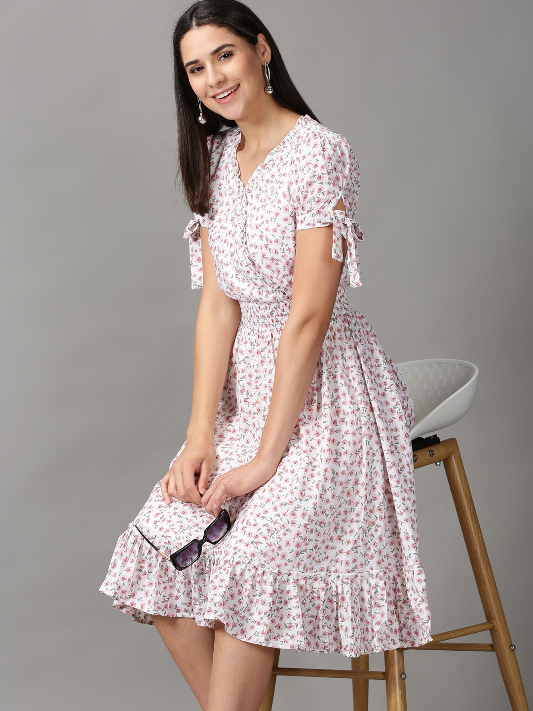 

SHOWOFF Women Pink & Off White Floral Chiffon Dress