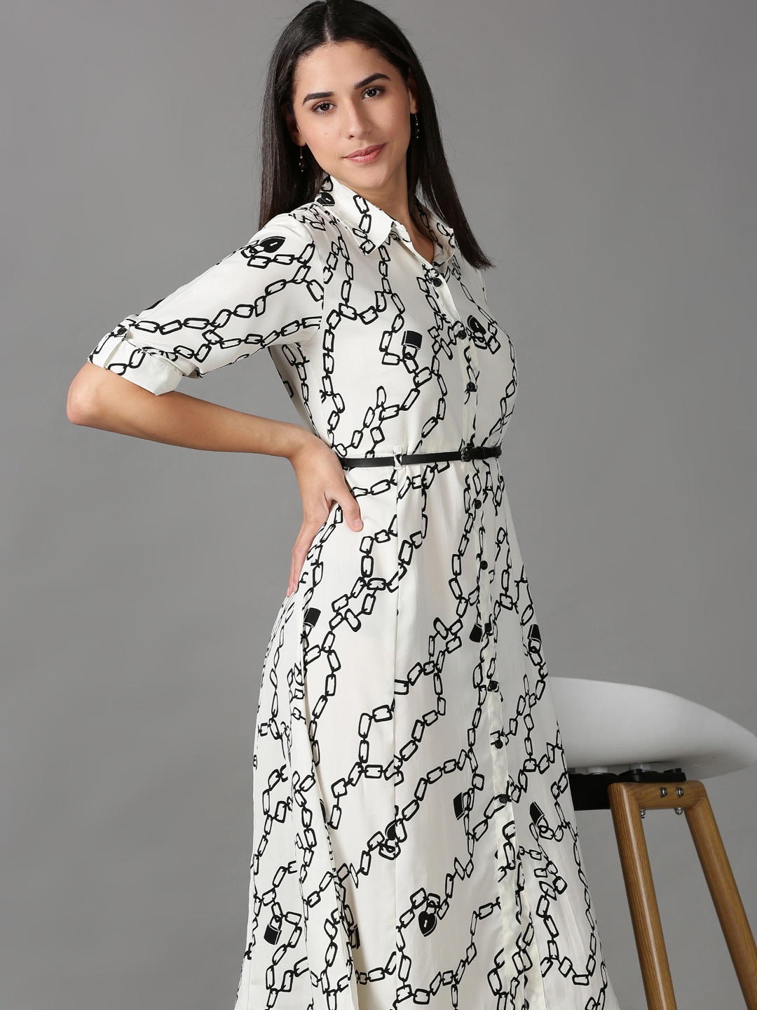 

SHOWOFF Roll-Up Sleeves Wrap Midi Dress, Off white