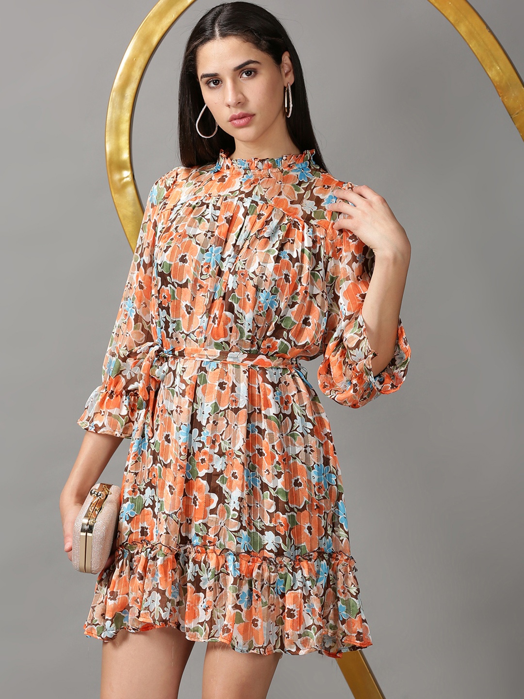 

SHOWOFF Women Peach-Coloured & Brown Floral Chiffon Dress