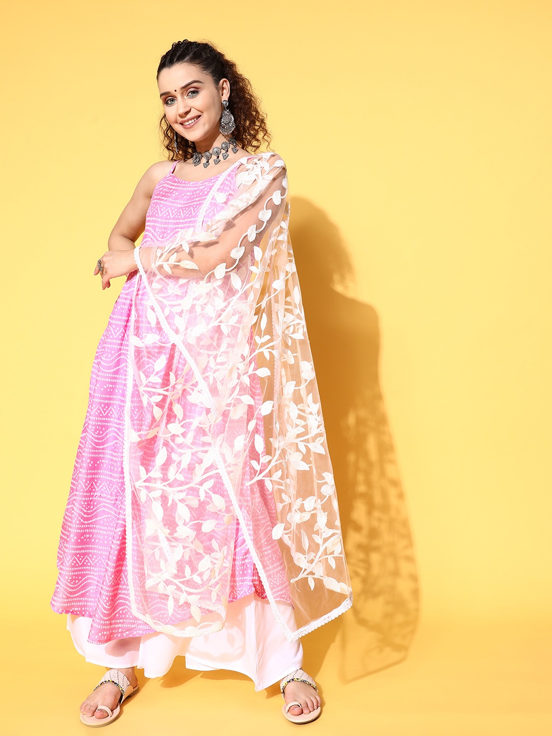 

InWeave Women Pink Bandhani Printed Pleated Kurta With Palazzos & Dupatta