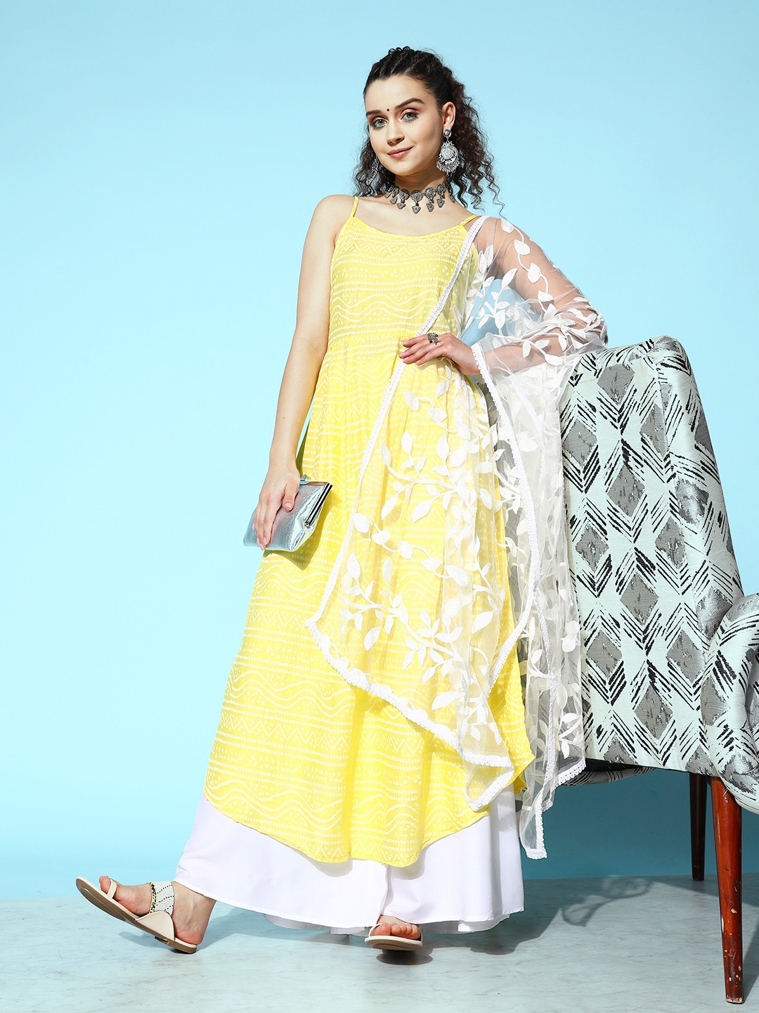 

InWeave Women Yellow Bandhani Printed Pleated Kurta With Palazzos & Dupatta