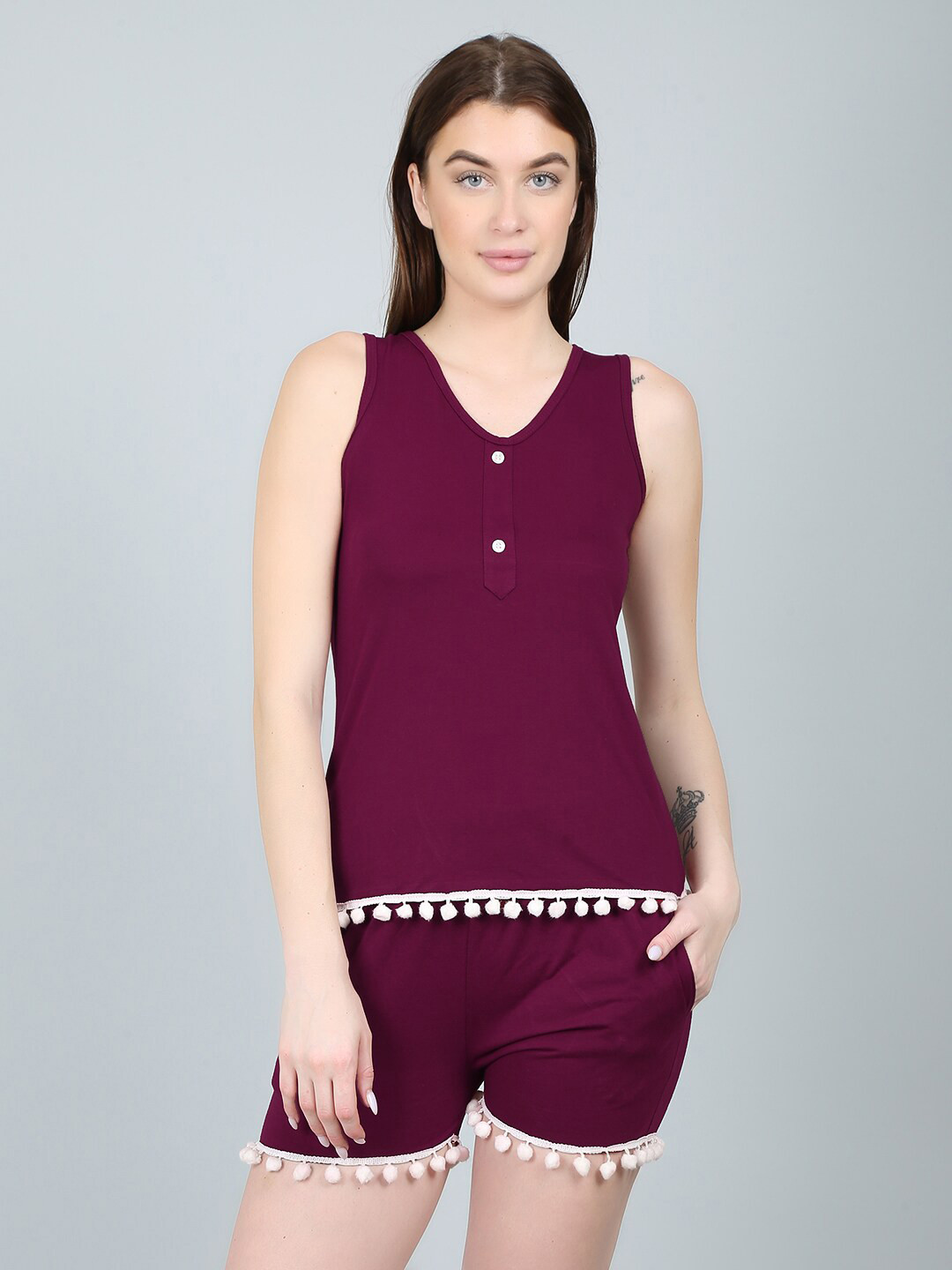 

N-Gal Women Purple Cotton Top with Shorts