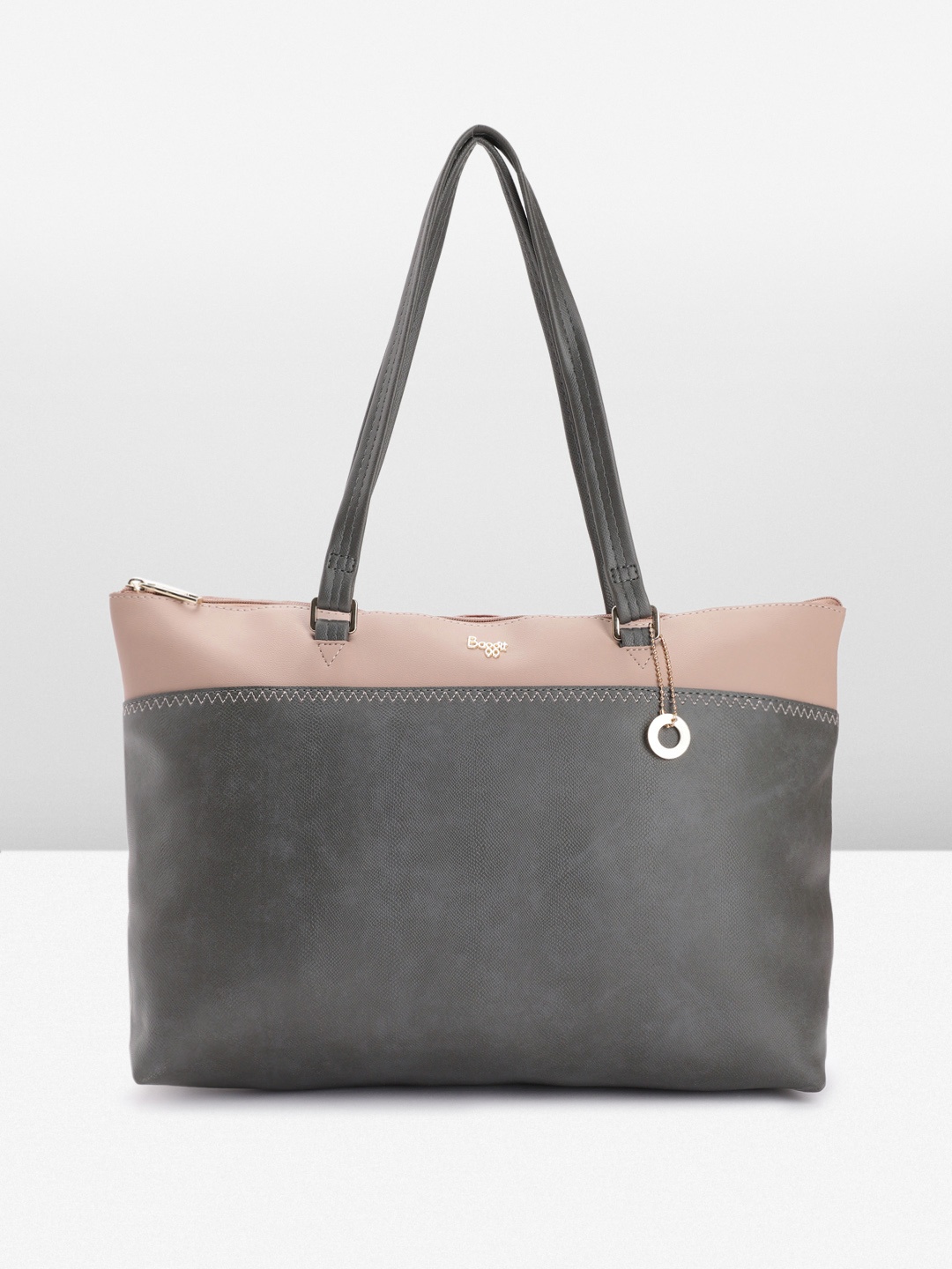 

Baggit Colourblocked & Textured Oversized Shoulder Bag With Minimal Embroidered Detail, Charcoal